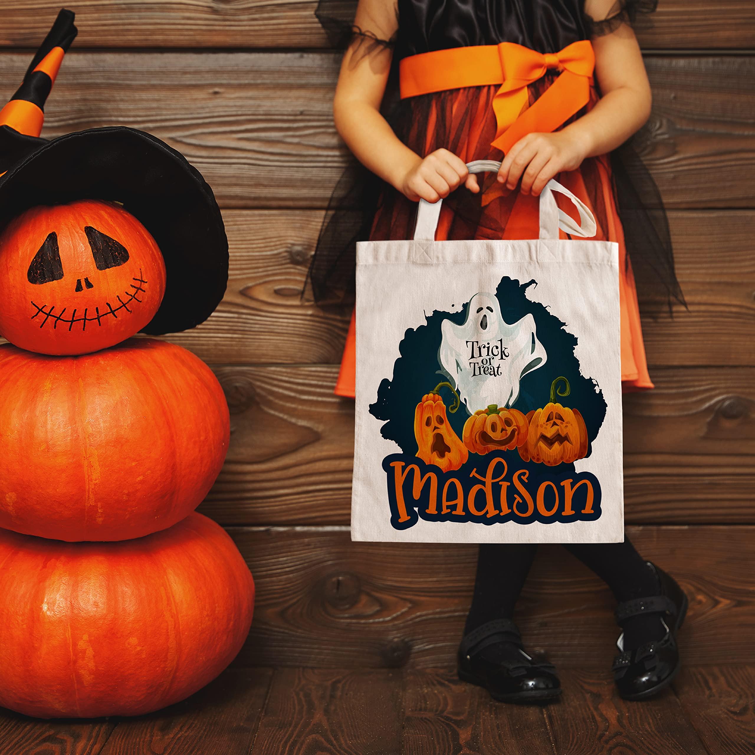Customization Mill Halloween Gifts for Kids, Personalized Trick or Treat Bags for Candy - 12 Optional Designs - Custom Halloween Tote Bags w/Name - Halloween Party Favor Supplies