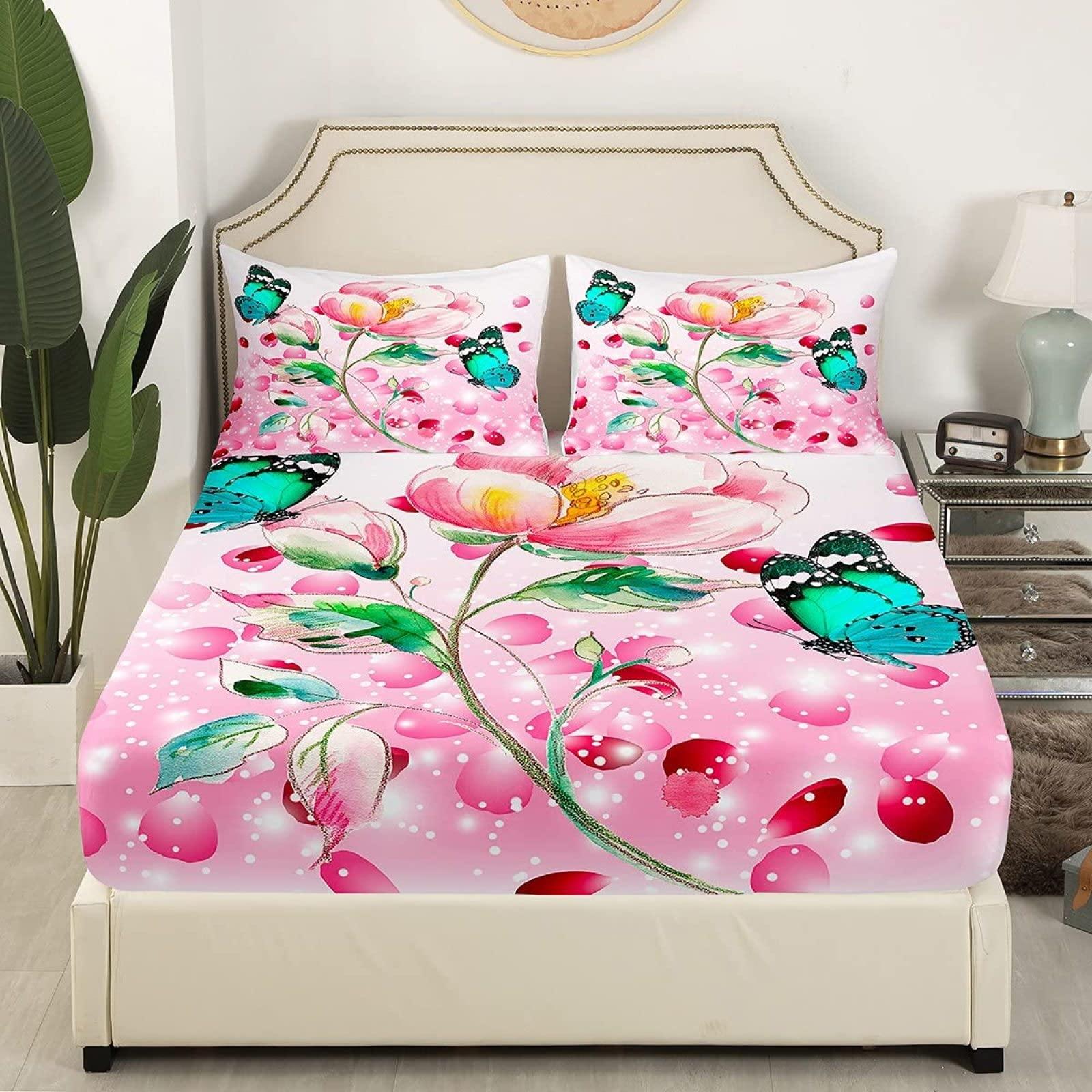 zcsm zcsm Butterfly and Floral Sheets California King Size - Pink Flower Bed Sheets, Soft Microfiber & Deep Pocket & Wrinkle Free Bedding Sheets & Pillowcases, 1 Fitted Sheet, 1 Flat Sheet, 2 Pillow Cases