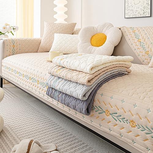 vctops vctops Cotton Quilted Sofa Cover Farmhouse Floral Embroidered Sectional Couch Cover Non Slip Sofa Slipcovers Furniture Protector for Kids Dog Pet Loveseat Recliner Cover (Beige,35\"x47\")