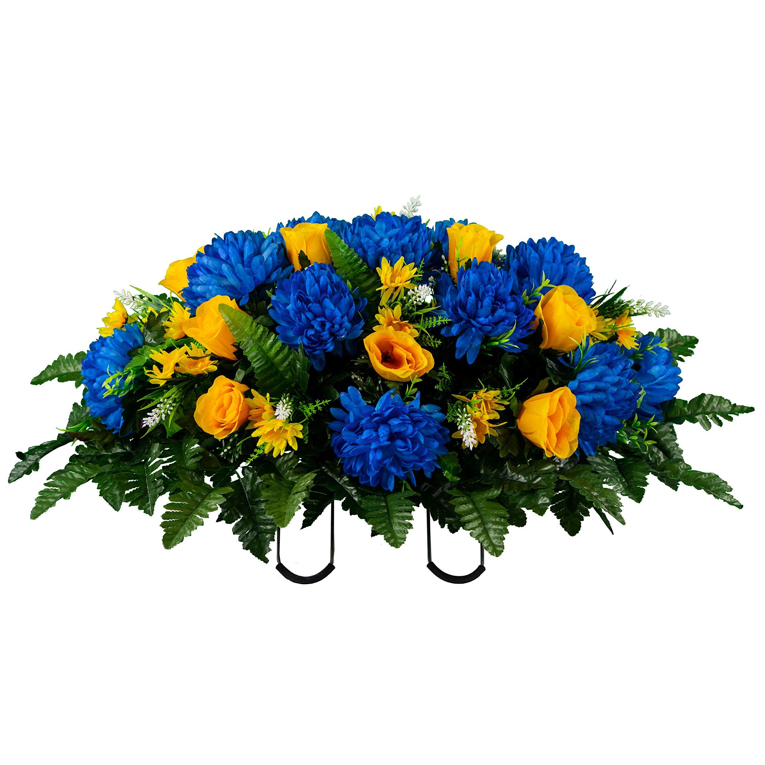 Sympathy Silks Sympathy Silks Artificial Cemetery Flowers Realistic Vibrant Roses, Outdoor Grave Decorations - Non-Bleed Colors, and Easy Fit - 2 Blue Mum and Yellow Rose Bouquets & 1 Saddle