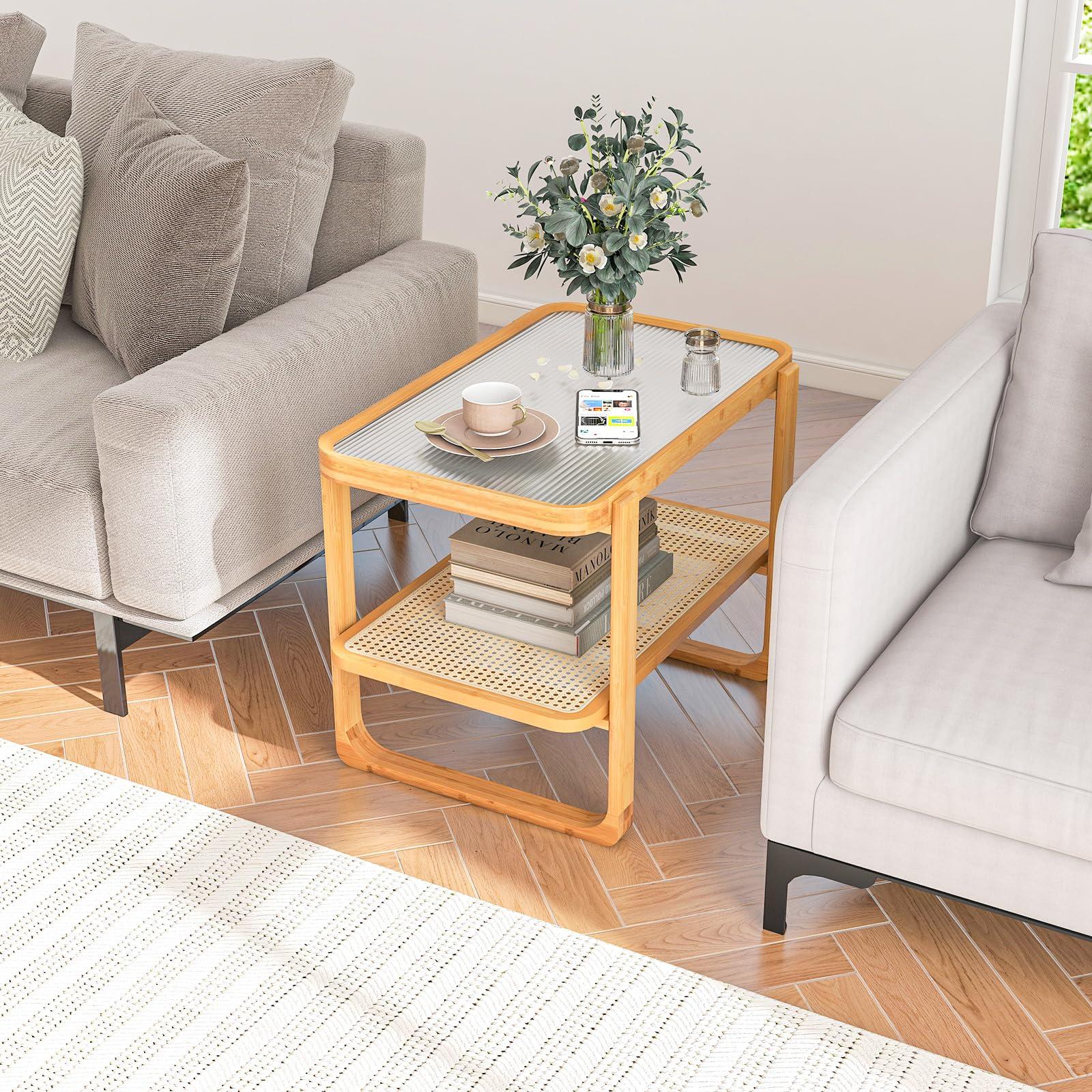GOFLAME GOFLAME Bamboo Side Table with Glass Top, 2-tier End Table with PE Rattan Storage Shelf, Home Sofa Side Table, Nightstand Bedside Table, Compact Coffee Table, Accent Table for Bedroom Living Room