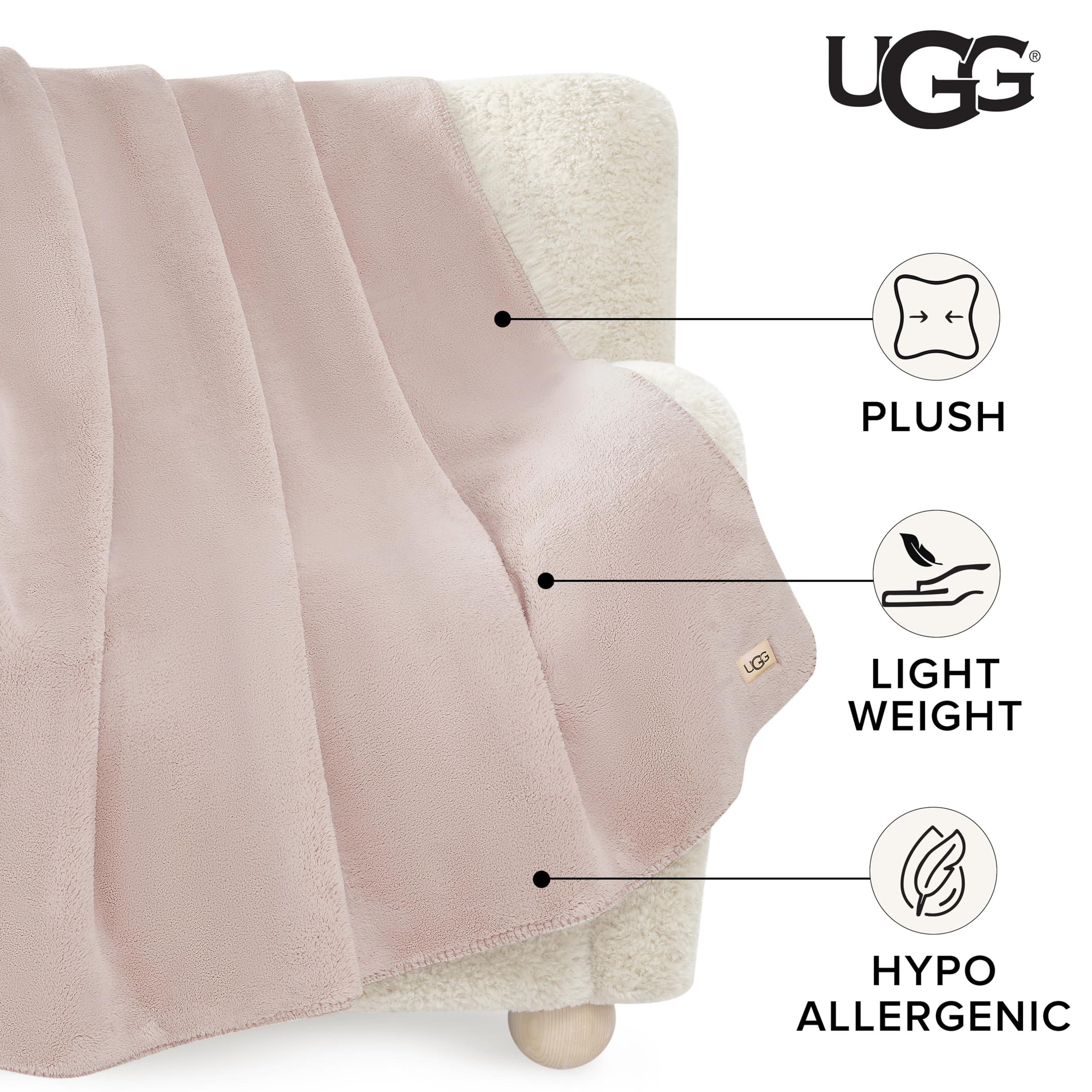 UGG UGG Whitecap Plush Throw Blanket Fleece Lightweight Soft Cozy Throw for Couch Luxury Home Decor for Living Room Machine Washable Hypoallergenic Flannel Blankets, 50-inch x 70-inch, Light Pink Quartz