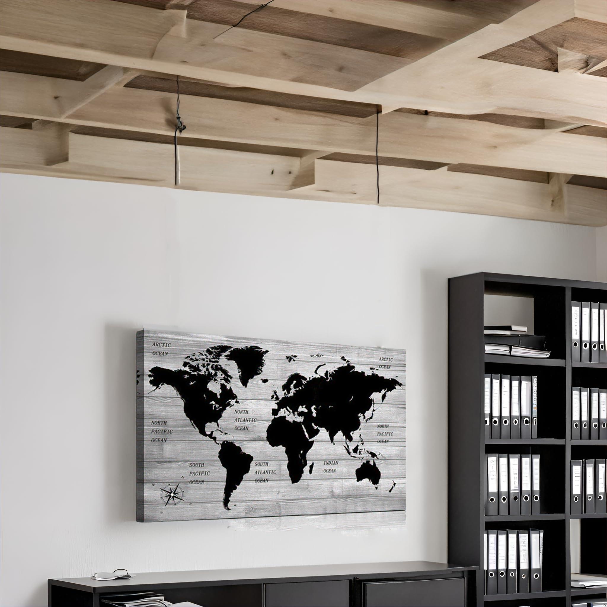 TAOMI World Map Black Grey White Wooden Grain Painting Artwork for Office Bedroom Wall Art Poster Large Frame Home Decorations Greyscale Minimalist Picture