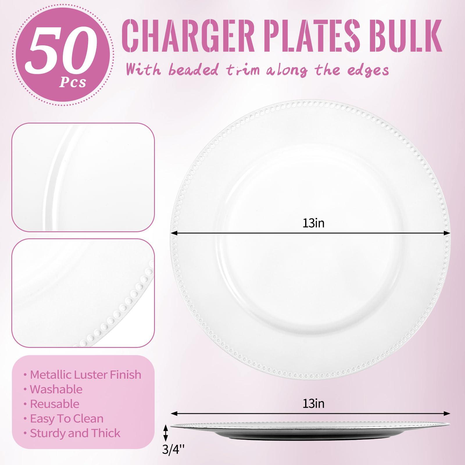 Lumaycens 50 Pcs White Charger Plates 13\" Round Beaded Plate Chargers for Dinner Plates Decorative White Chargers Plastic Charger Plates Bulk for Wedding Party Event Baby Bridal Shower Table Decoration