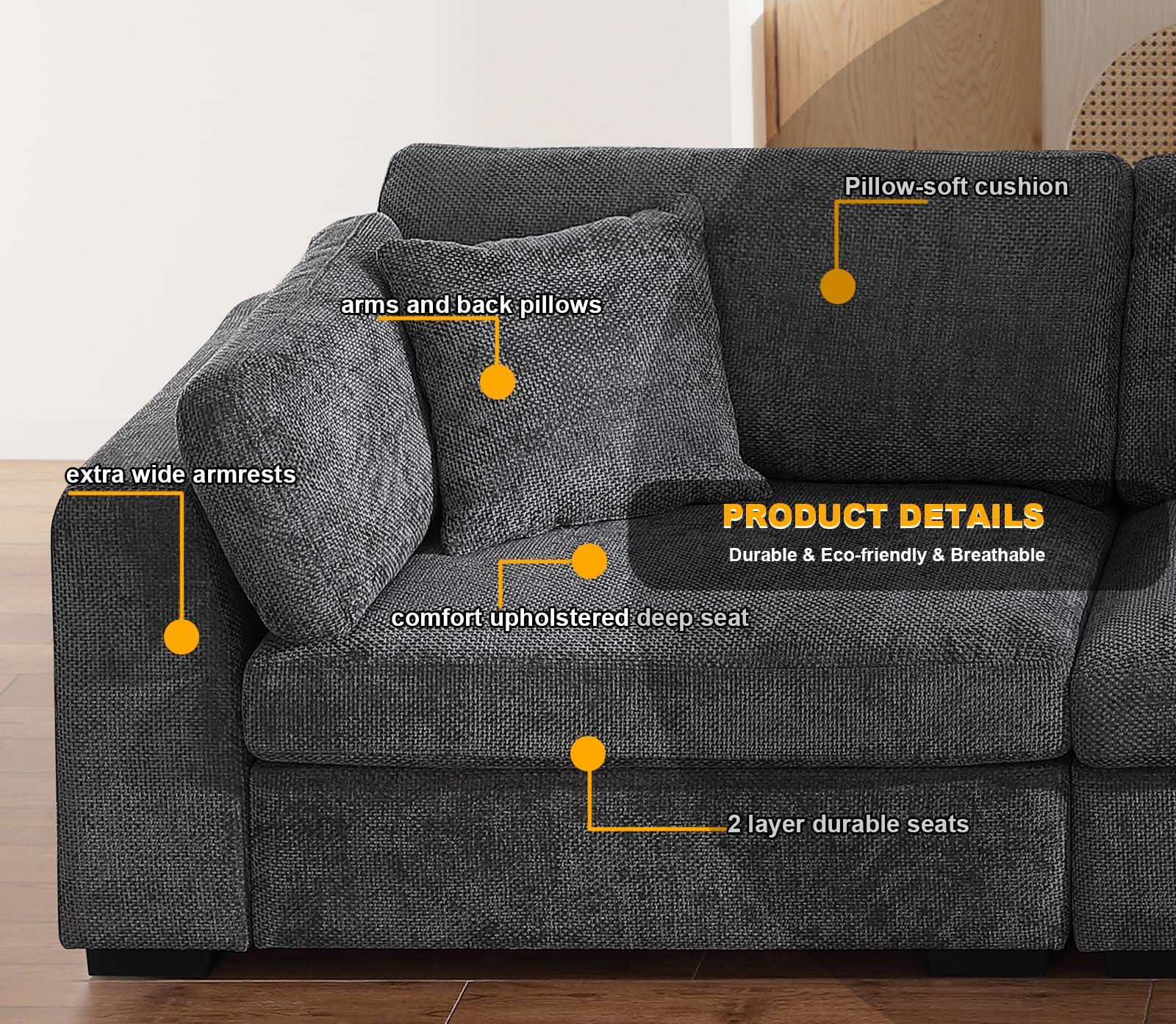 Flesser Deep Sectional Sofa 3 Seater Cloud Couch with Ottoman, 132" Modular Couch with Deep Seat, Oversized Chenille Big Sofa for Living Room, Apartment, with Pillows(Dark Grey)