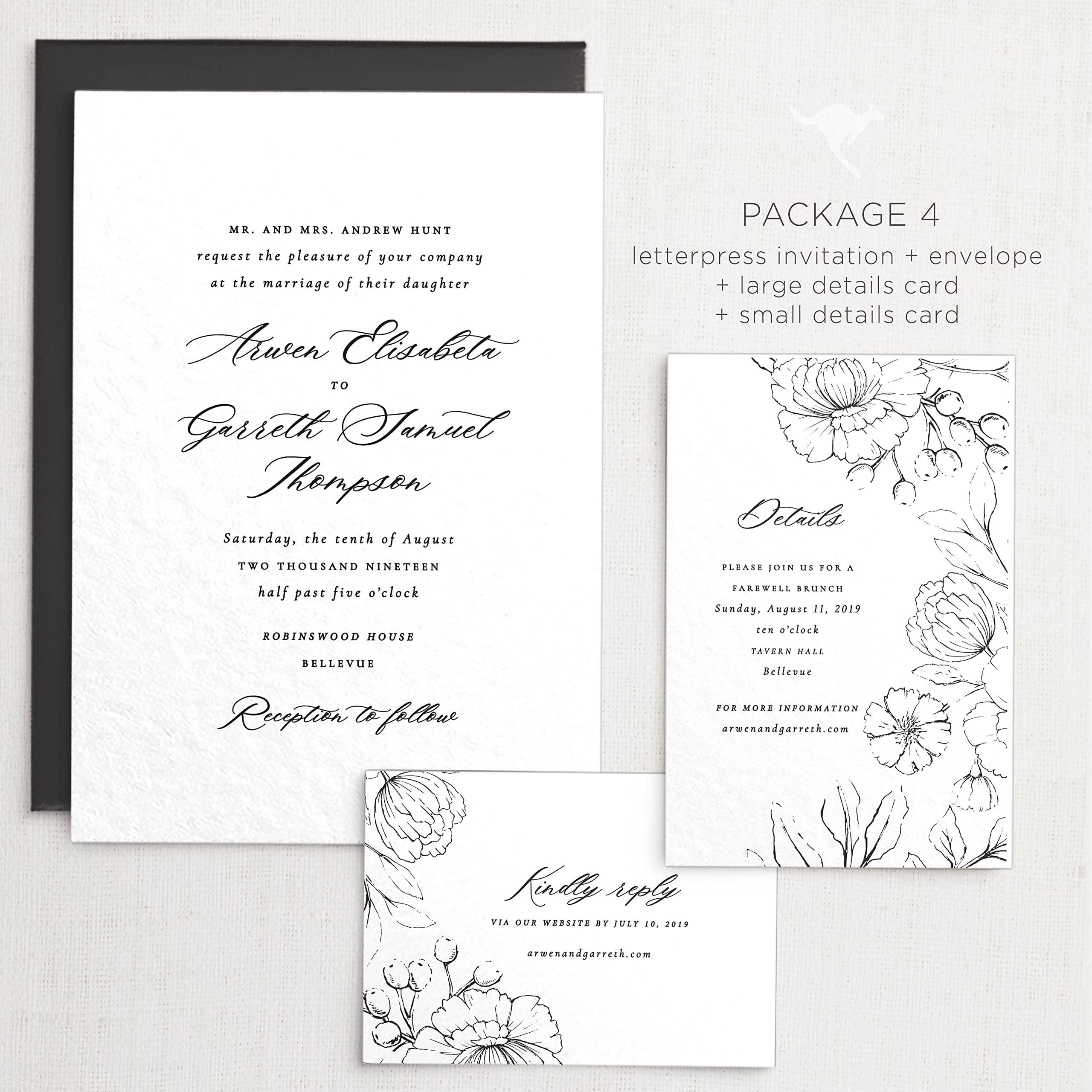 marsupial papers Letterpress Wedding Invitations | Customizable Elegant, Floral, Custom Printed | Arwen Wedding Invitation with RSVP Envelopes Details Cards (Set of 50, Package 4)