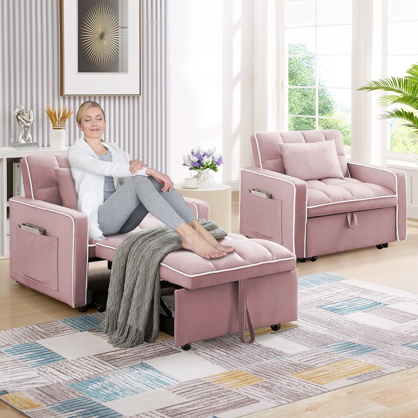 Antetek Convertible Sleeper Chair Bed, 3 in 1 Modern Velvet Pull Out Sofa Bed, Small Tufted Single Sleeper Chair with Adjustable Backrest/Pillow for Living Room, Small Spaces, Apartment, Office, Pink