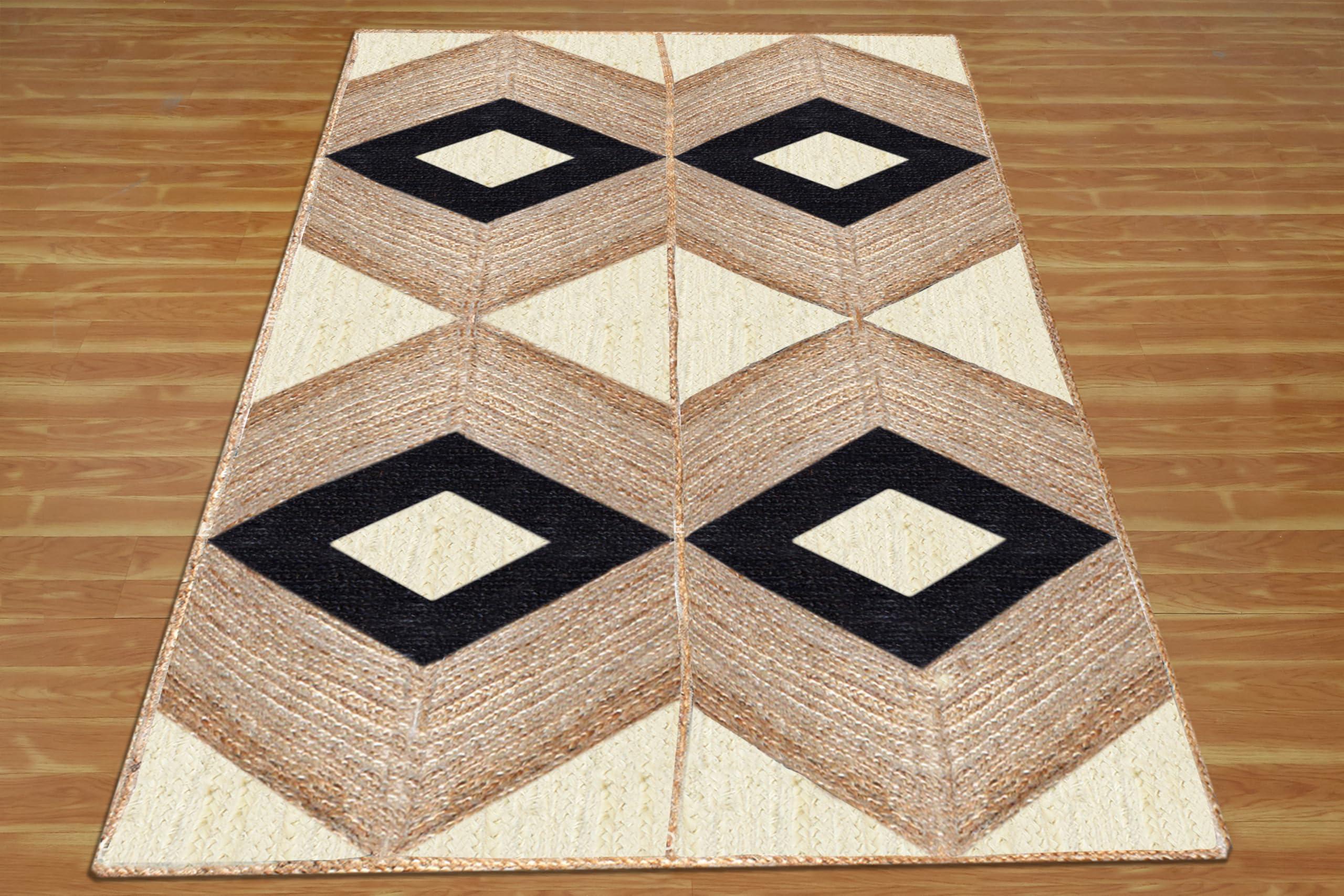 CASAVANI Geometric Woven Area Rug, Natural Jute Kilim Rug, 9x9 Ft Square Beige & Black Braided Flatweave Dhurrie Carpet for Living Room, Entryway, Kitchen, Farmhouse