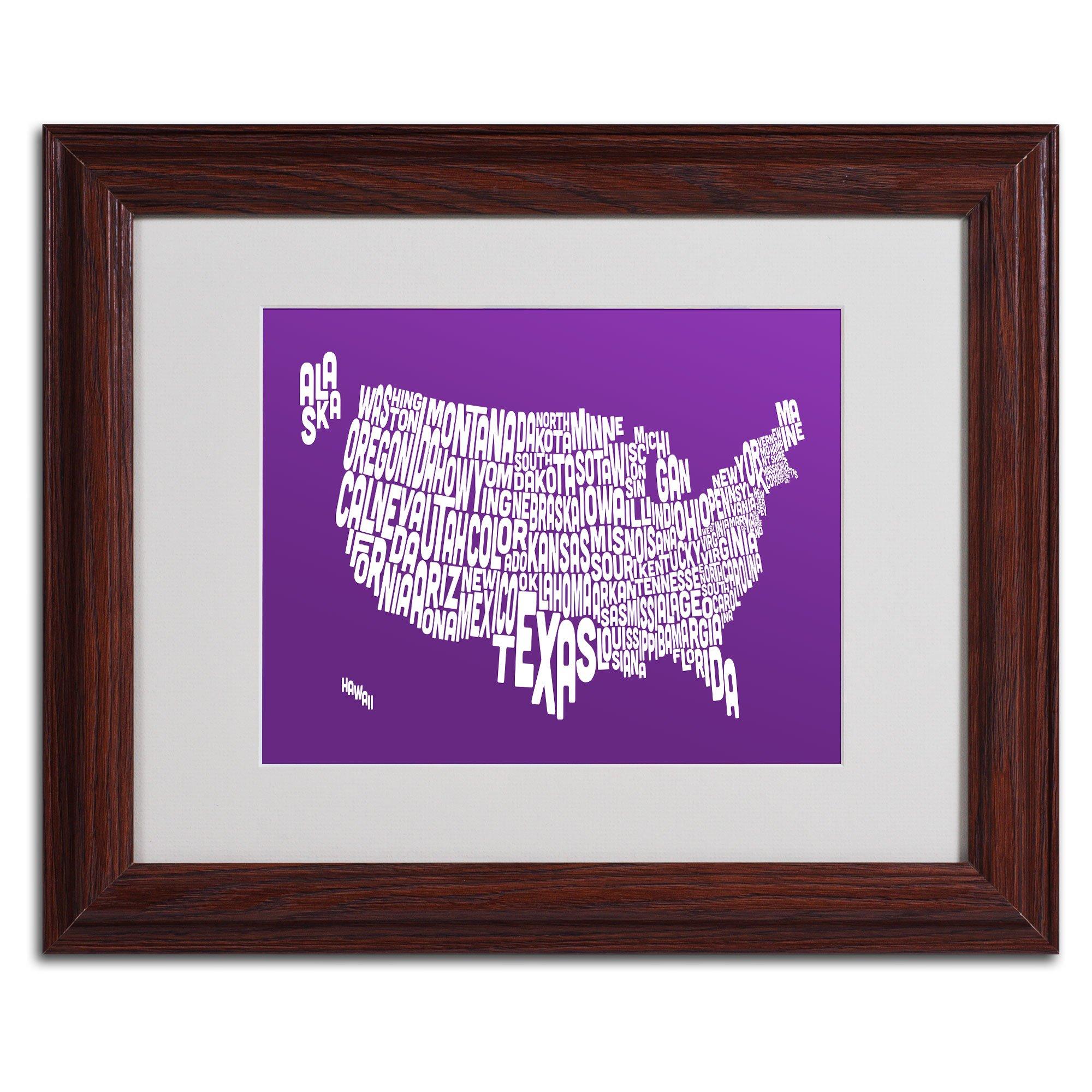 Trademark Fine Art Trademark Fine Art Purple-USA States Text Map Canvas Wall Art by Michael Tompsett, Wood Frame, 11 by 14-Inch