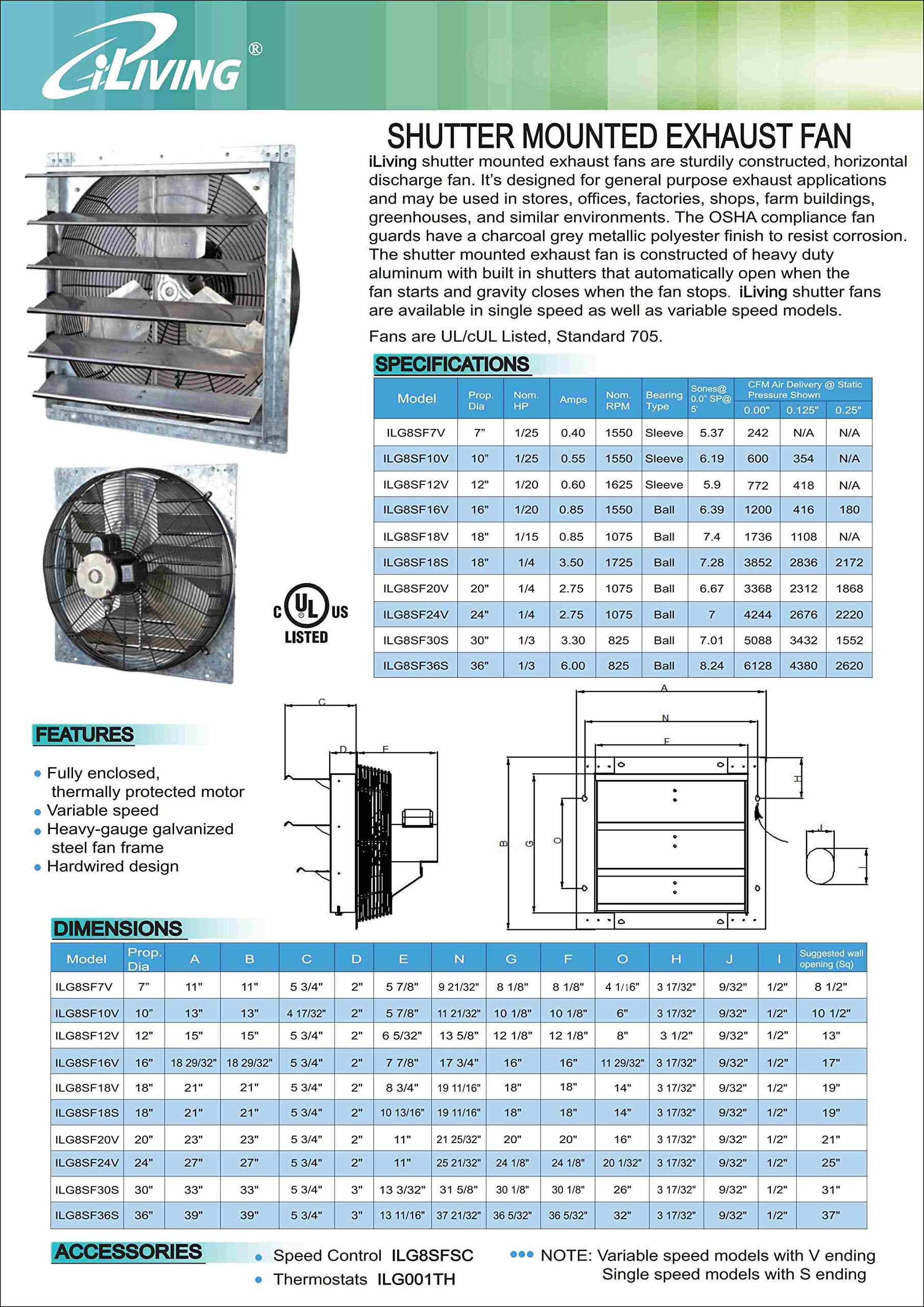 iLIVING iLiving 12-Inch Wall Mounted Exhaust Fan with Variable Speed, 960 CFM, 1400 SQF Coverage Area, Silver