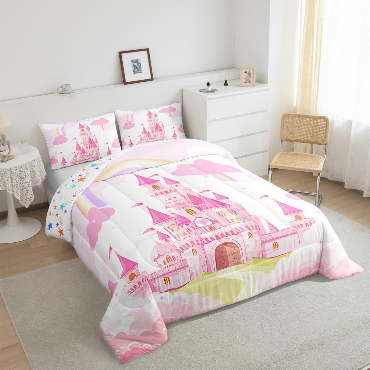 Feelyou Feelyou Kids King Pink Castle Comforter Set Boys Girls Rainbow Castle Bedding Set Girls Princess Comforter Fairy Tales Duvet Set Girls Bed Set 3Pcs