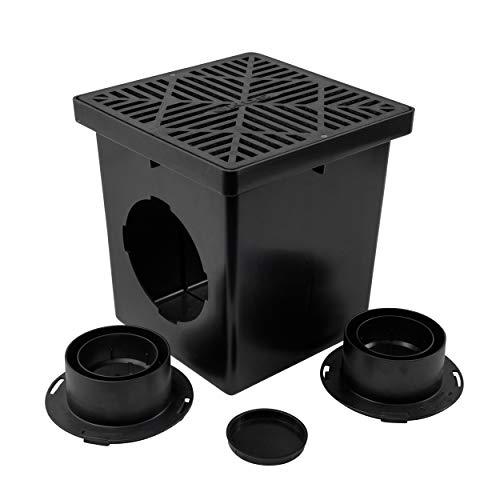 NDS NDS Square Catch Basin Drain Kit with 2-Opening Catch Basin, Black Plastic Grate, 2 Outlet Adapters, & 1 Outlet Plug, 12 in.