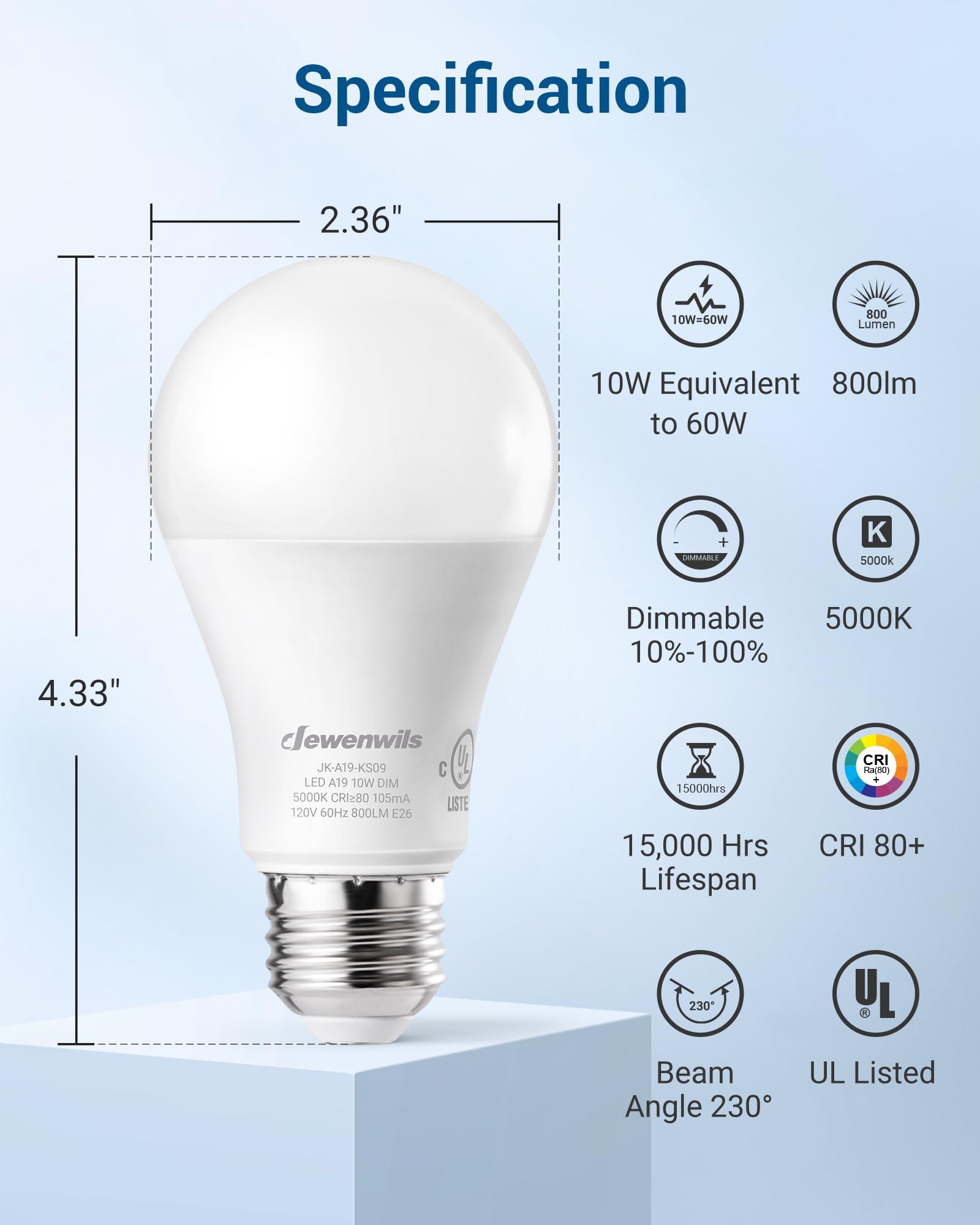 DEWENWILS DEWENWILS 4 Pack A19 Dimmable LED Light Bulbs, 800LM, 5000K Daylight Light Bulbs, 9W(60W Equivalent) LED Bulb, E26 Base Light Bulb, UL Listed