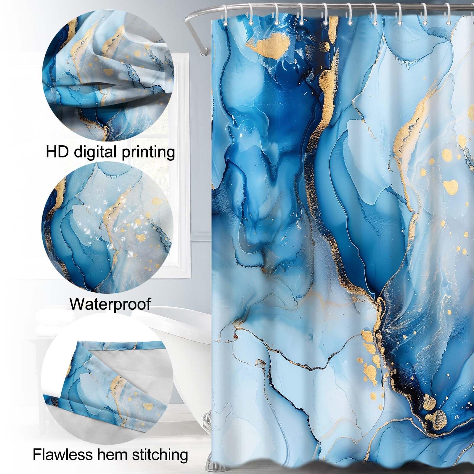 Lnond Lnond 4Pcs Bathroom Sets with Shower Curtain and Rugs, Marble Bathroom Shower Curtain Sets, Blue Gold Modern Art Bathroom Sets with Rugs and Accessories