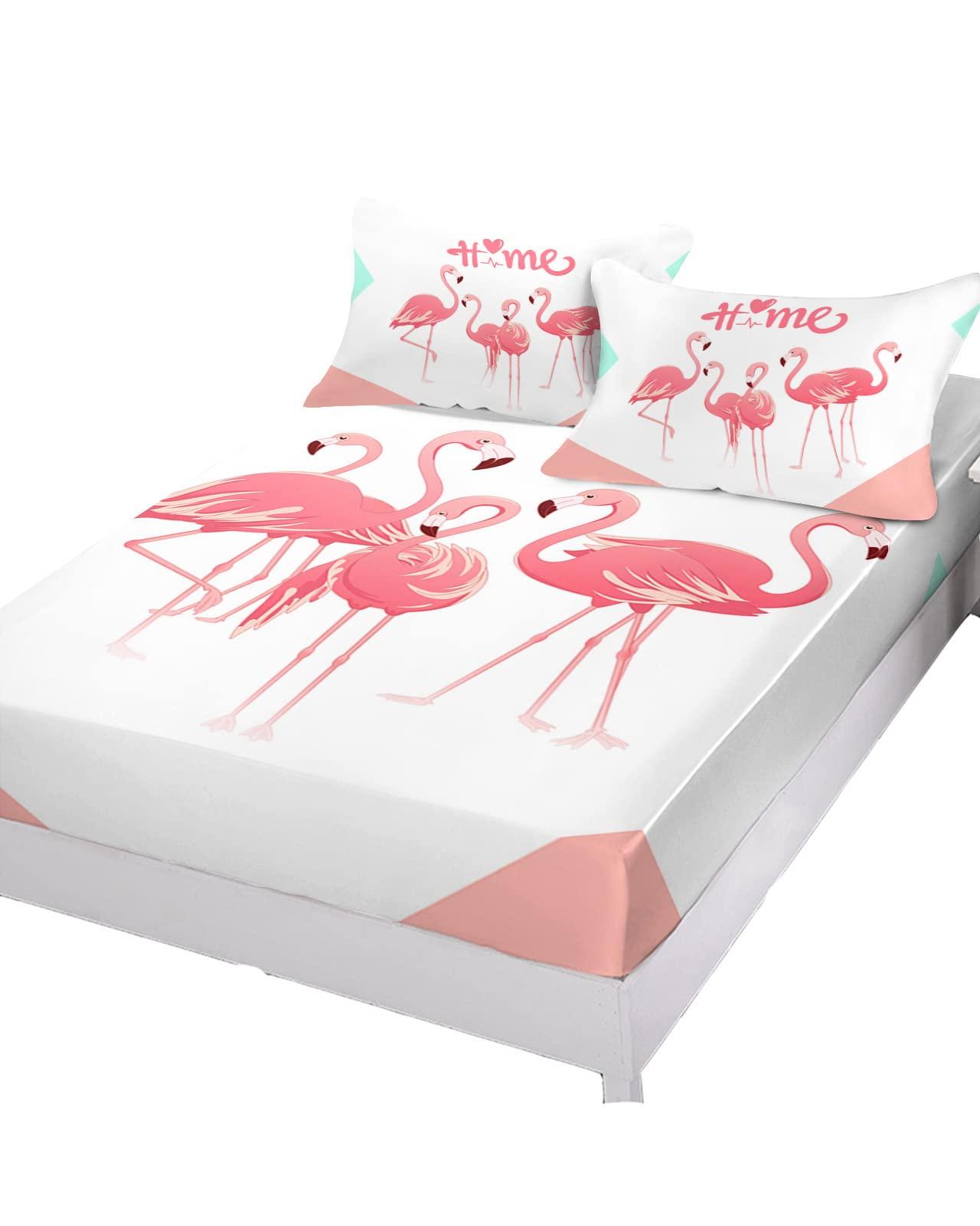 ZFUNCING Romantic Summer Flamingo Love Heart Tropical Animal Fitted Bed Sheets Twin Size Fit 5-16inch Deep Pockets,Luxury Bottom Sheet Bedding Set with Pillow Case,Pink White Fitted Sheet for Mattress