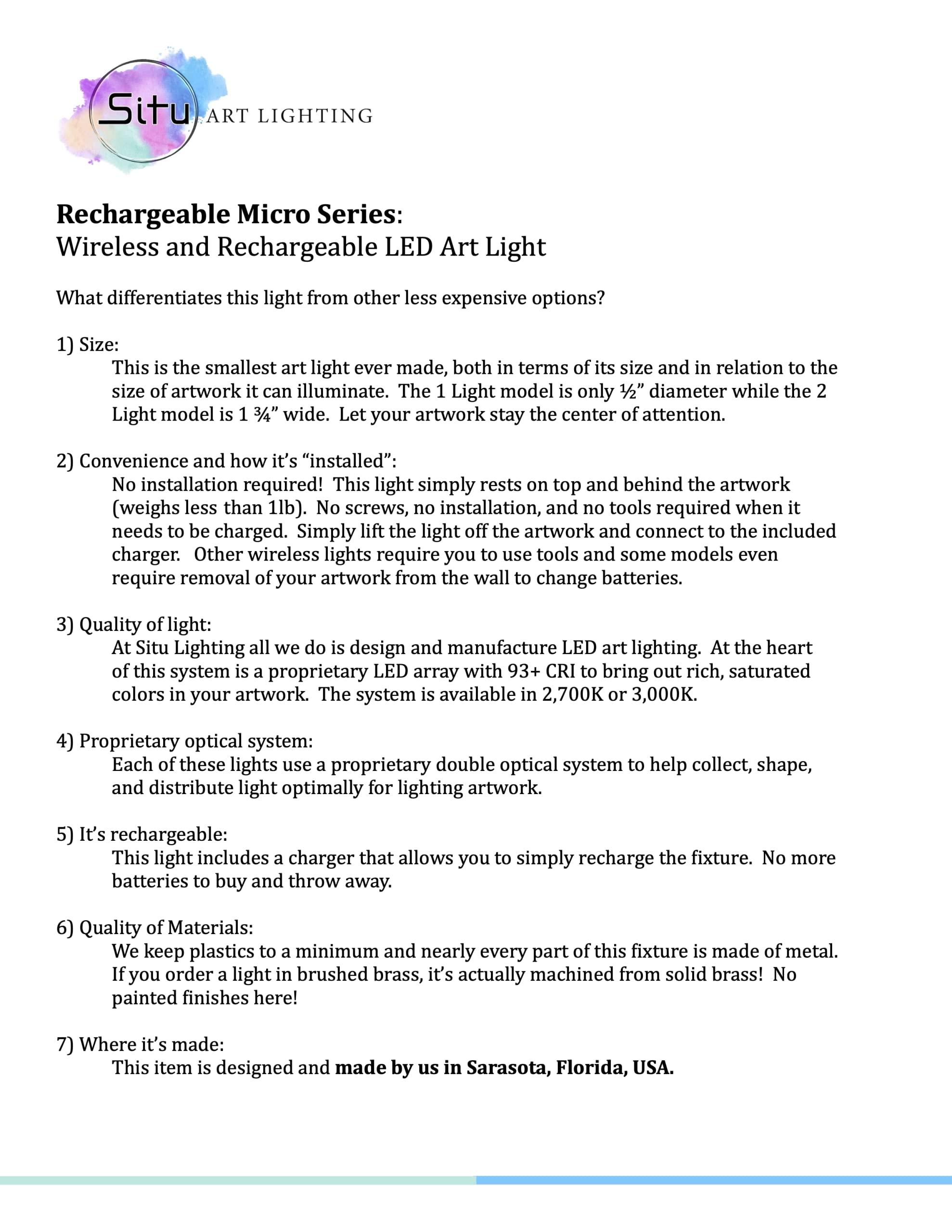 Situ Art Lighting Situ Lighting: Cordless and Rechargeable LED Art and Picture Light - Rechargeable Micro Series - 3000K - USA Made