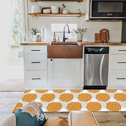 Shine-Home Spring Flower Kitchen Rug, Dahlia Flower Orange Grey Hydrangea Floral White Washable Bath Shower Door Welcome Runner Area Rug Mat Carpet for Bedroom Bathroom Living Room Accent Throw Desk Rug, 18x47