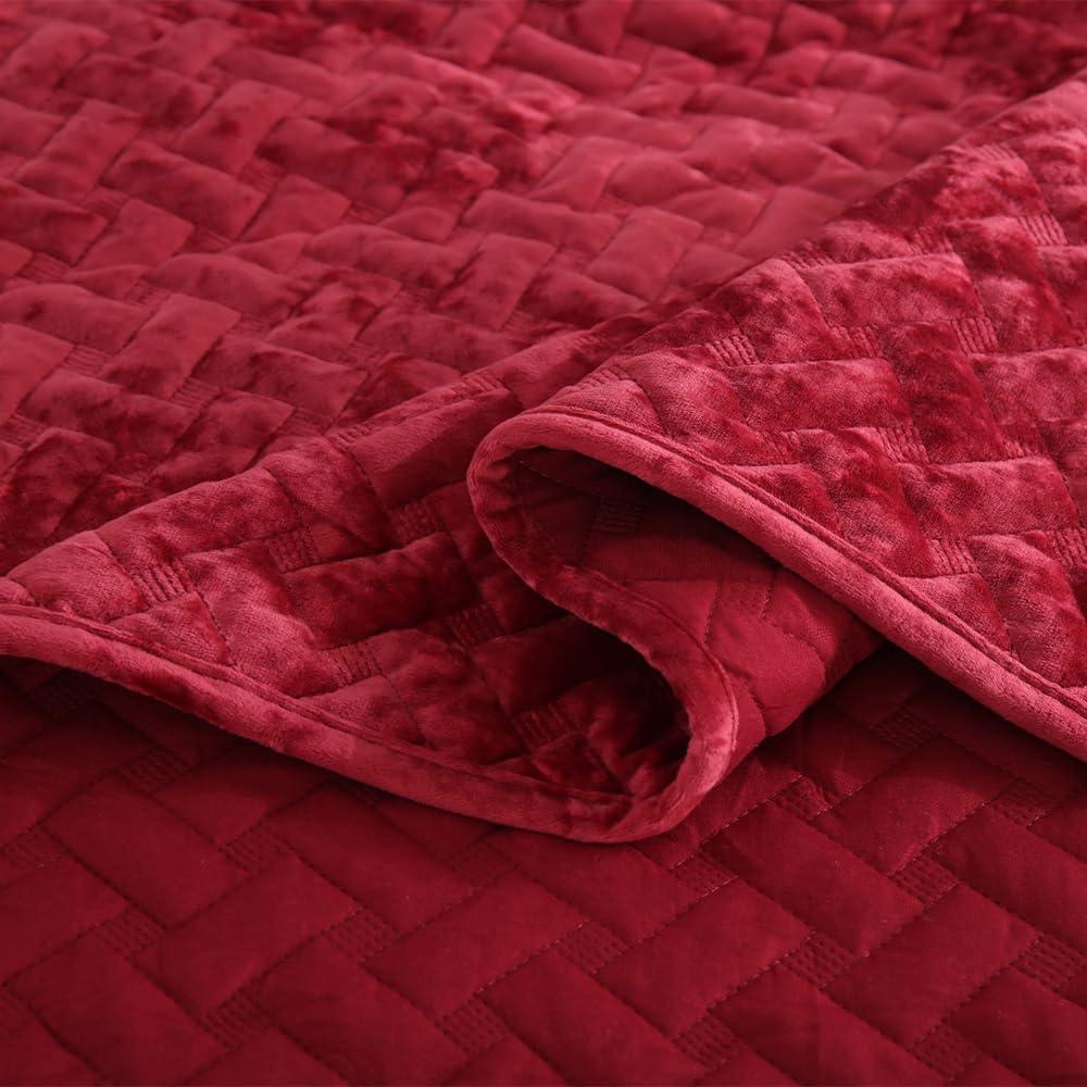 Liians Liians Velvet Bedspread Quilt Bedding Sets,Luxury Elegant Ultra Soft Velvet Comforters Coverlet Blankets,Weave Stitching Pattern Quilted Bedspread for All Seasons,Red,King Size