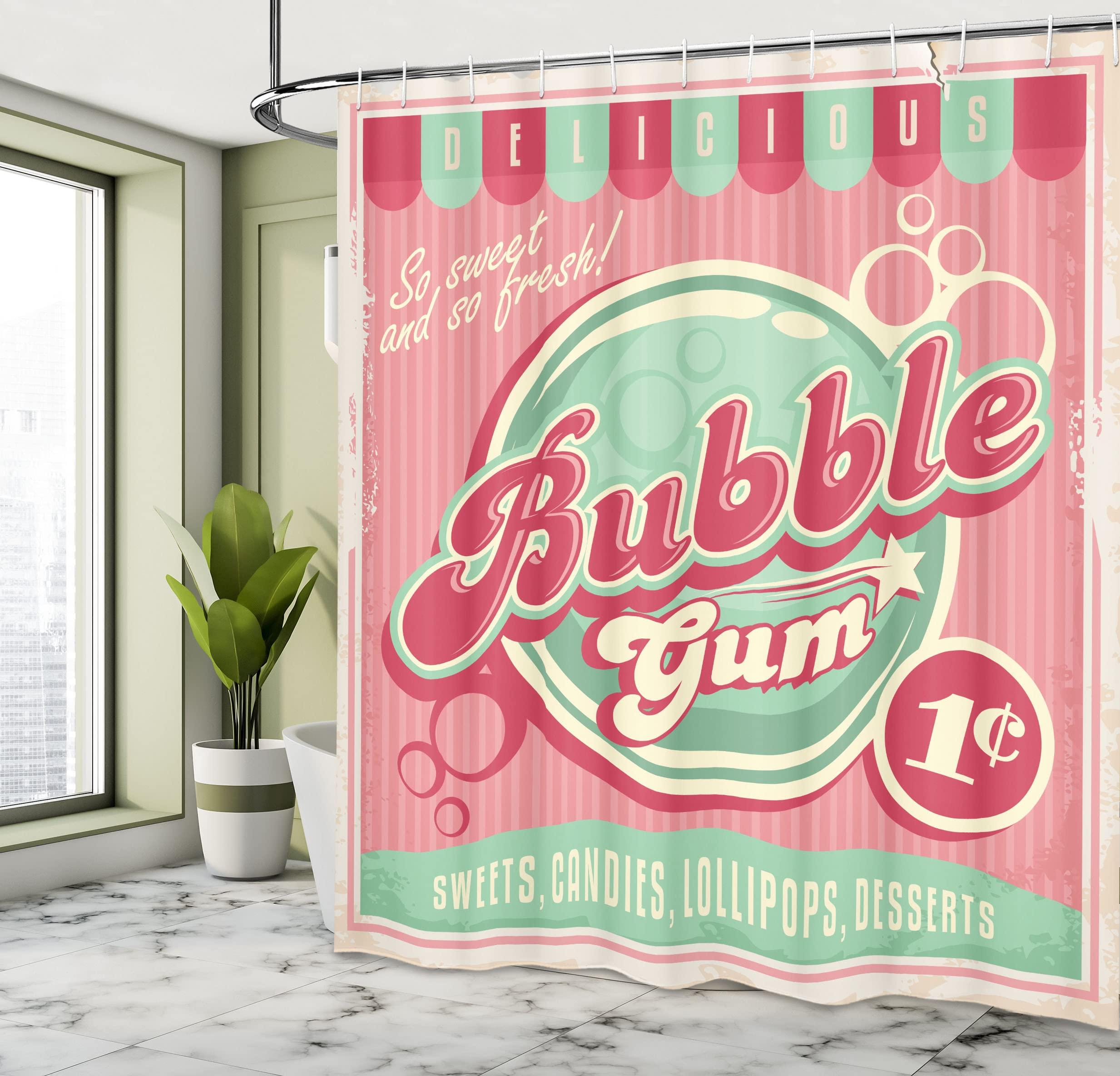 Ambesonne Ambesonne 1950s Shower Curtain, Bubble Gum Tasty Candy Lollipop Sugar Advertise Poster Style, Cloth Fabric Bathroom Decor Set with Hooks, 69\" W x 84\" L, Pink Magenta