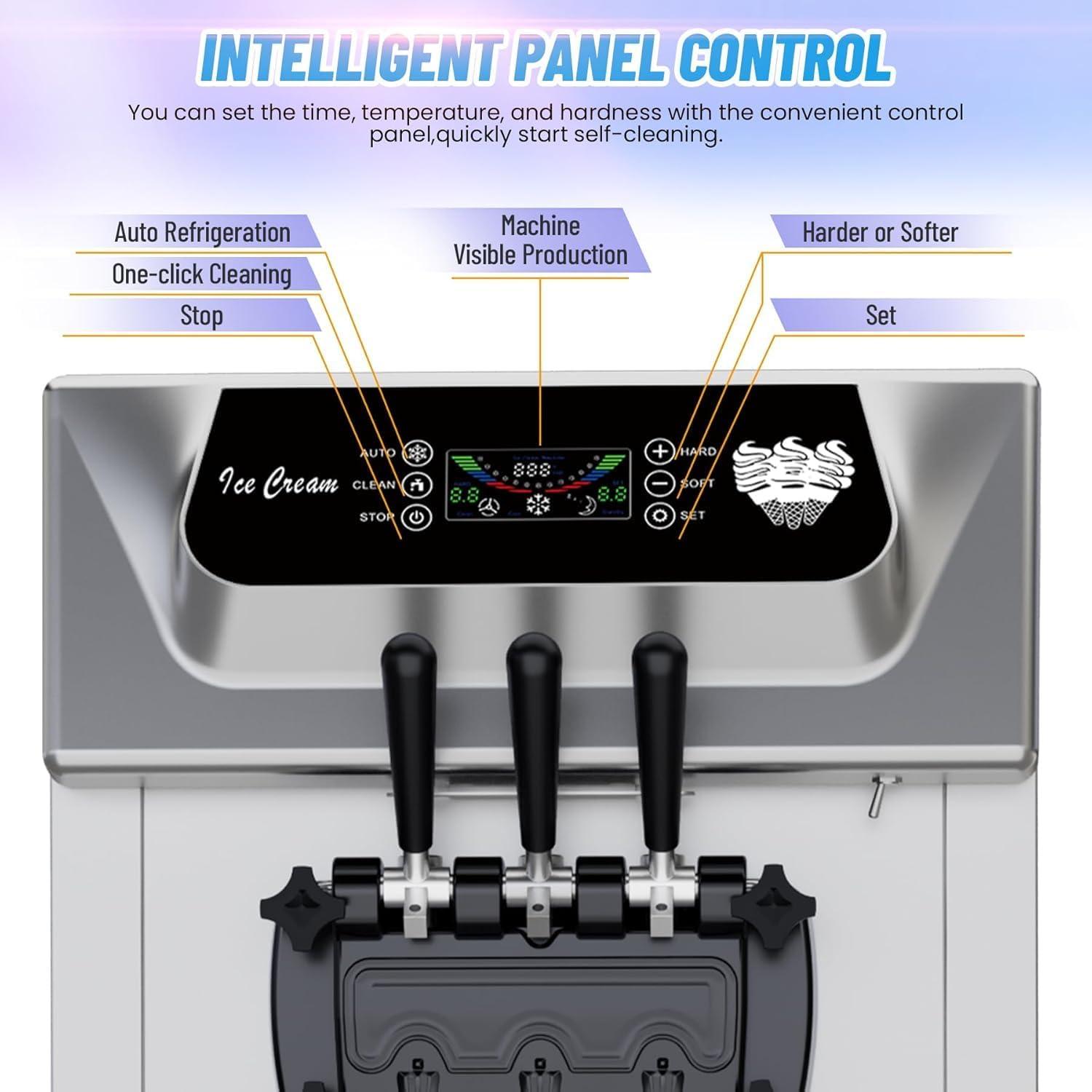 Entcook Entcook Commercial Ice Cream Maker, 3 Flavors, 20-28L/H Yield, LCD Panel, Auto Clean, 2200W Countertop Soft Serve Machine w/ 2x7L Hopper, Frozen Yogurt Maker for Restaurant Snack Bar US plug