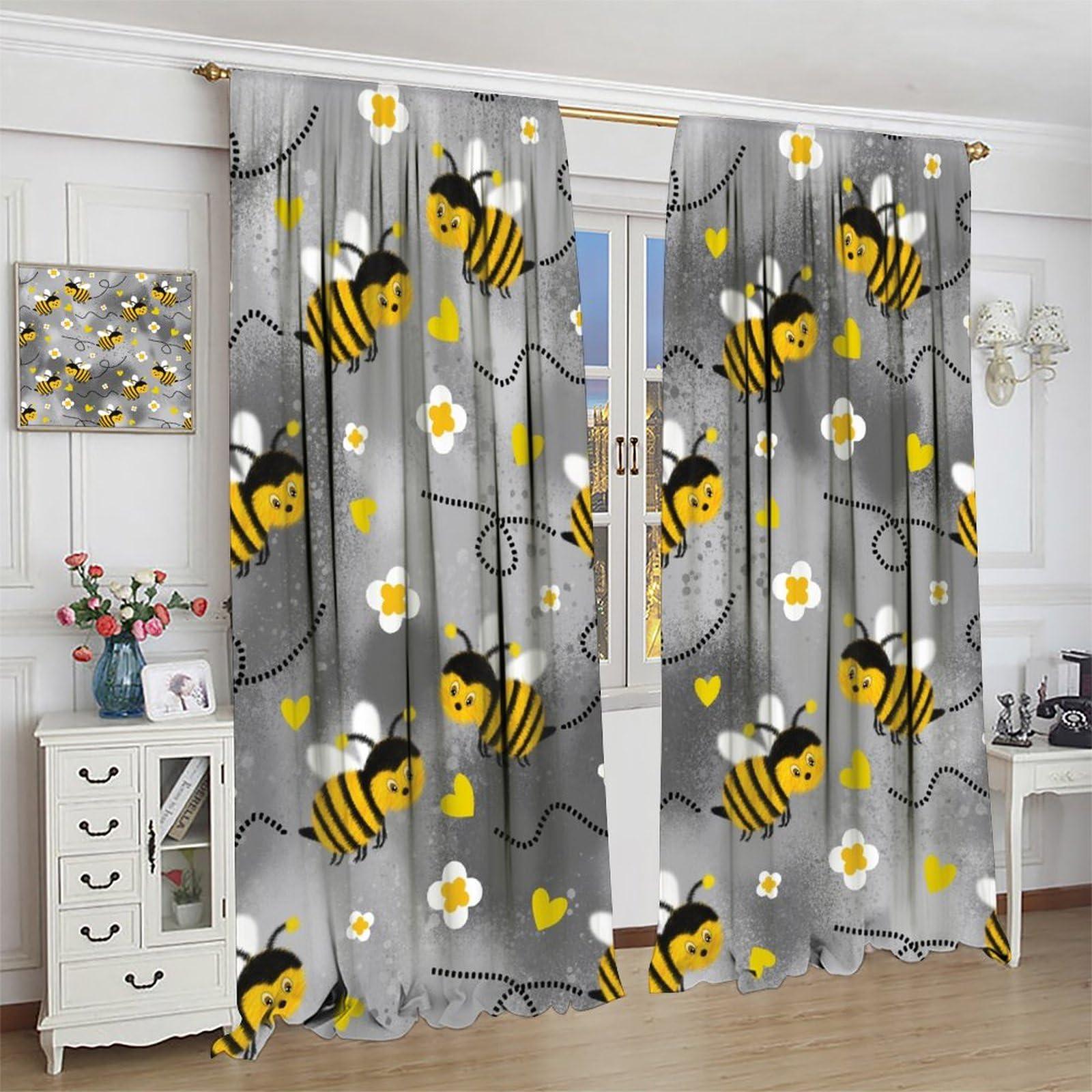 HZOHNAGO HZOHNAGO Bee Curtains Cute Bees White Flowers Grey Blackground Blackout Print Rod Pocket Window Drapes for Bedroom Living Room 84x84in