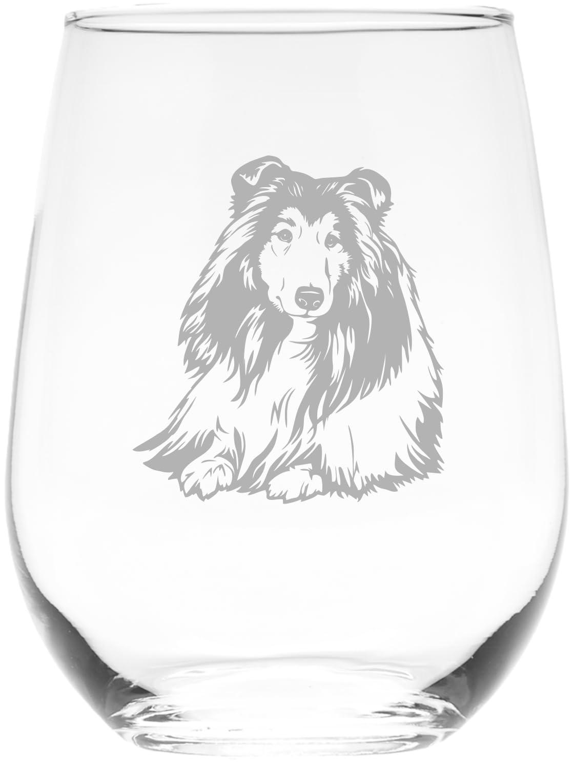 C & M Personal Gifts Shetland Sheepdog themed, dog stemless wine glass, 17 oz.