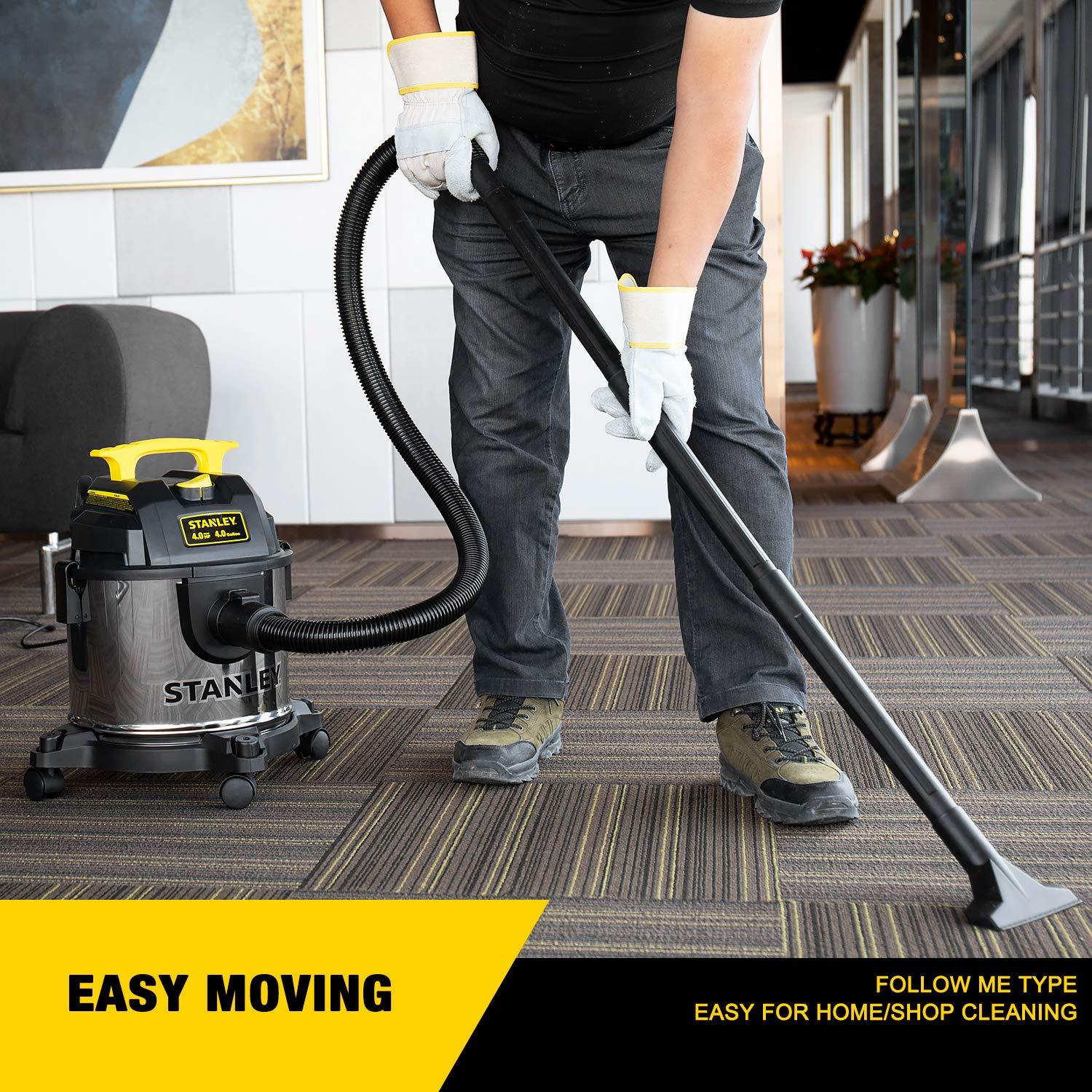 Stanley STANLEY 4 Gallon Wet Dry Vacuum, 4 Peak HP Stainless Steel 3 in 1 Shop Vacuum Blower with Powerful Suction, Vacuum for Job Site, Garage, Basement, Workshop, Top Handle, Portable Wet Dry Vac SL18301-4B