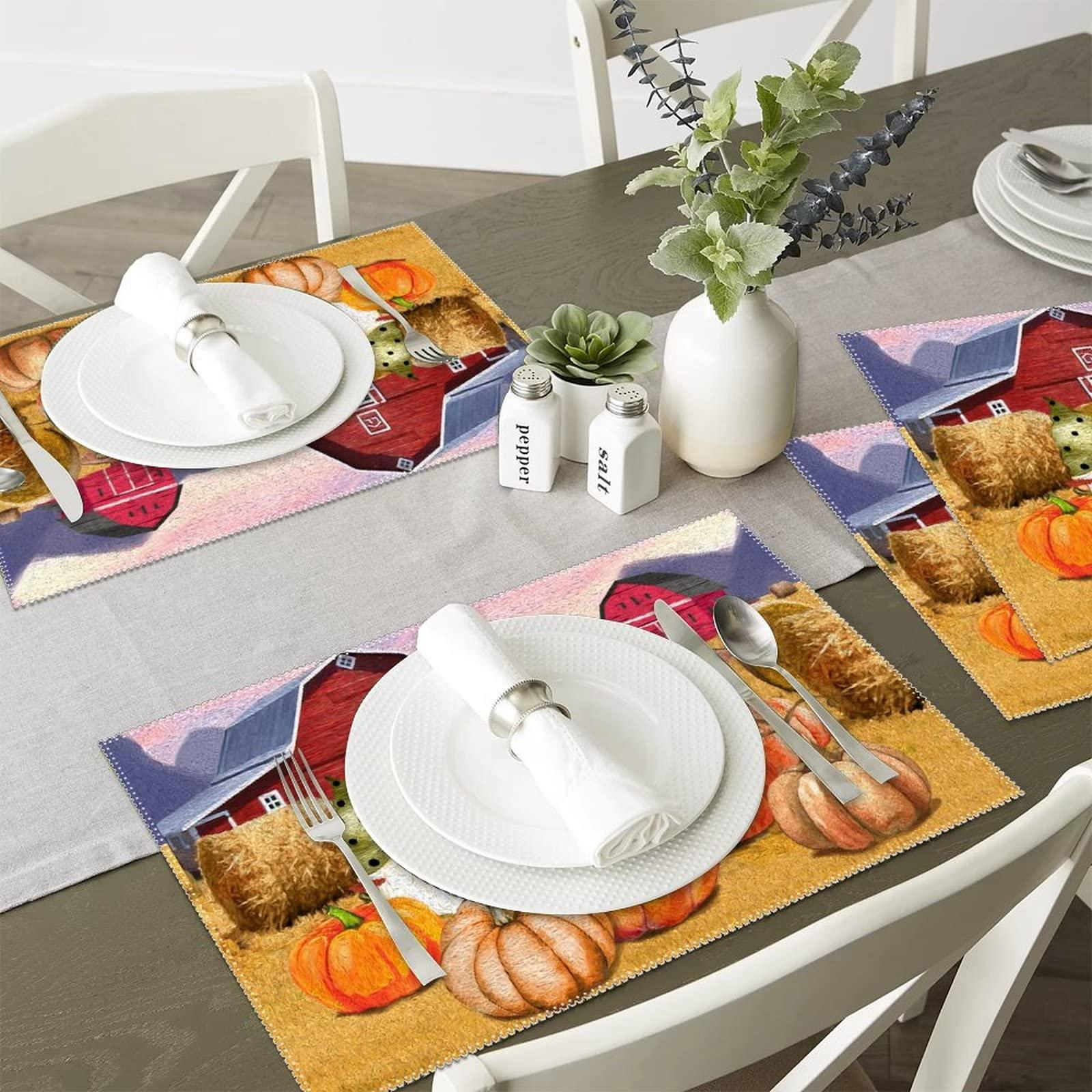 Alioyoit Table Place Mats Fall Farm Pumpkins Harvest Gnomes Chic Table Mats Reversible Reversible Dining Table Placemats Fabric Placemats Decor for Indoor Outdoor Patio Thanksgiving Day Set of 6