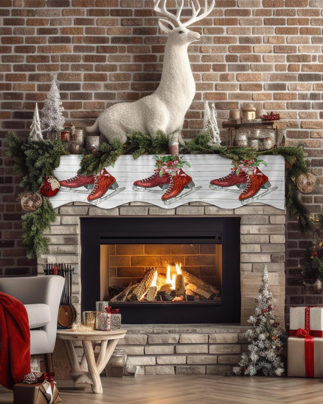 Onekaccu Onekaccu Christmas Fireplace Mantle Scarf, Fireplace Scarf Cover Mantel Shelf Top Scarf Runner Pine Needle Red Skates Rustic Wooden Mantel Cover Fireplace Decoration for Holiday Living Room 90"x17"