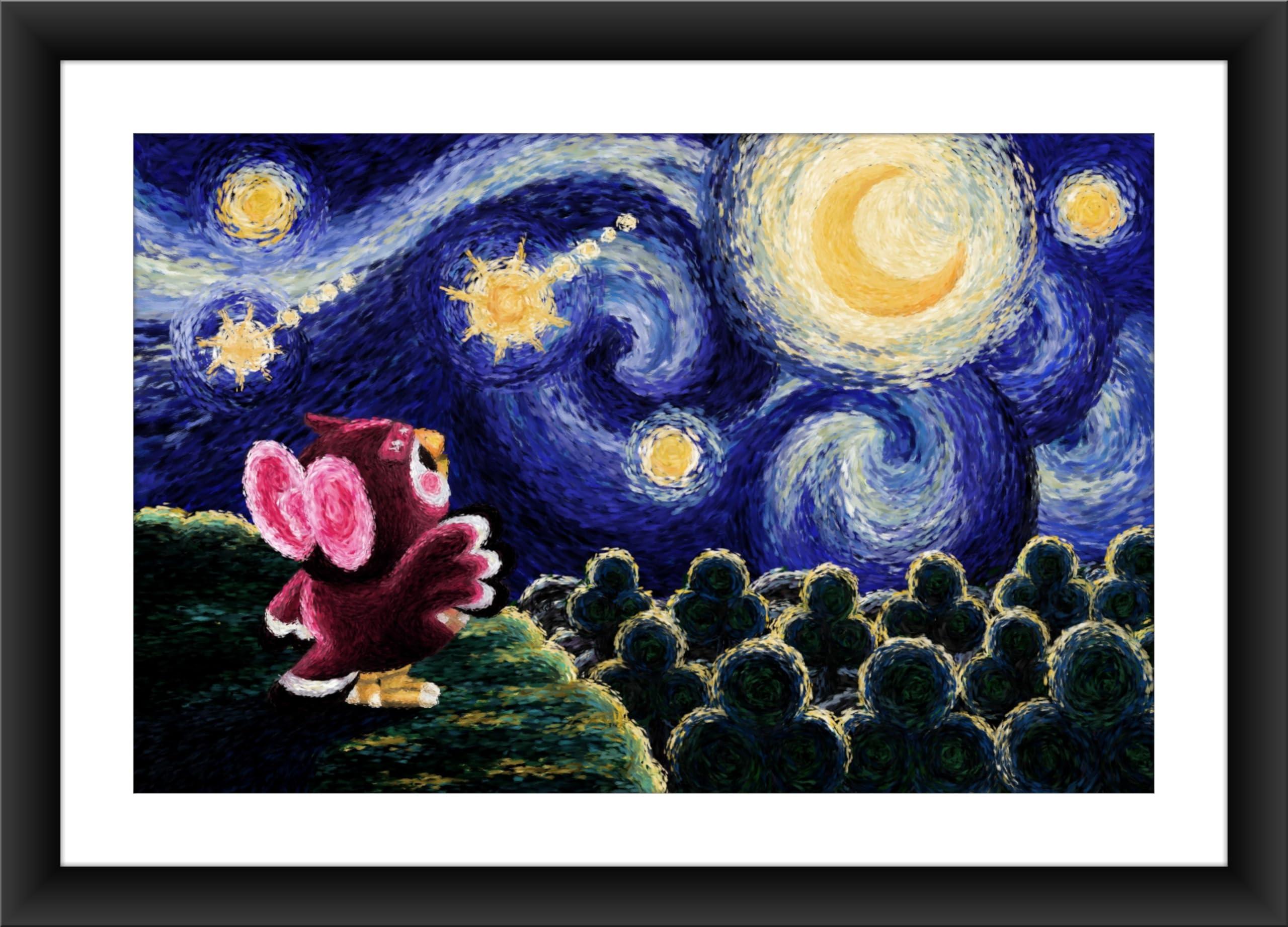 Luminaria Celeste\'s Starry Night Fan Art Print, Inspired by Animal Crossing, Wall Home Decor, Van Gogh Oil Painting, Geek Nerd Gaming, Cute Owl UwU Kawaii (17x22)