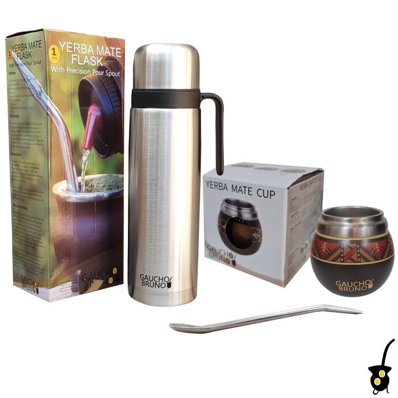 Gaucho Bruno Gaucho Bruno - Stainless Steel Mate to Drink Yerba Mate | Maintains Drink Temperature | Designed to Look Like a Natural Gourd | With Bombilla and 1 Litre Flask with Precision Pour Spout pico Cebador