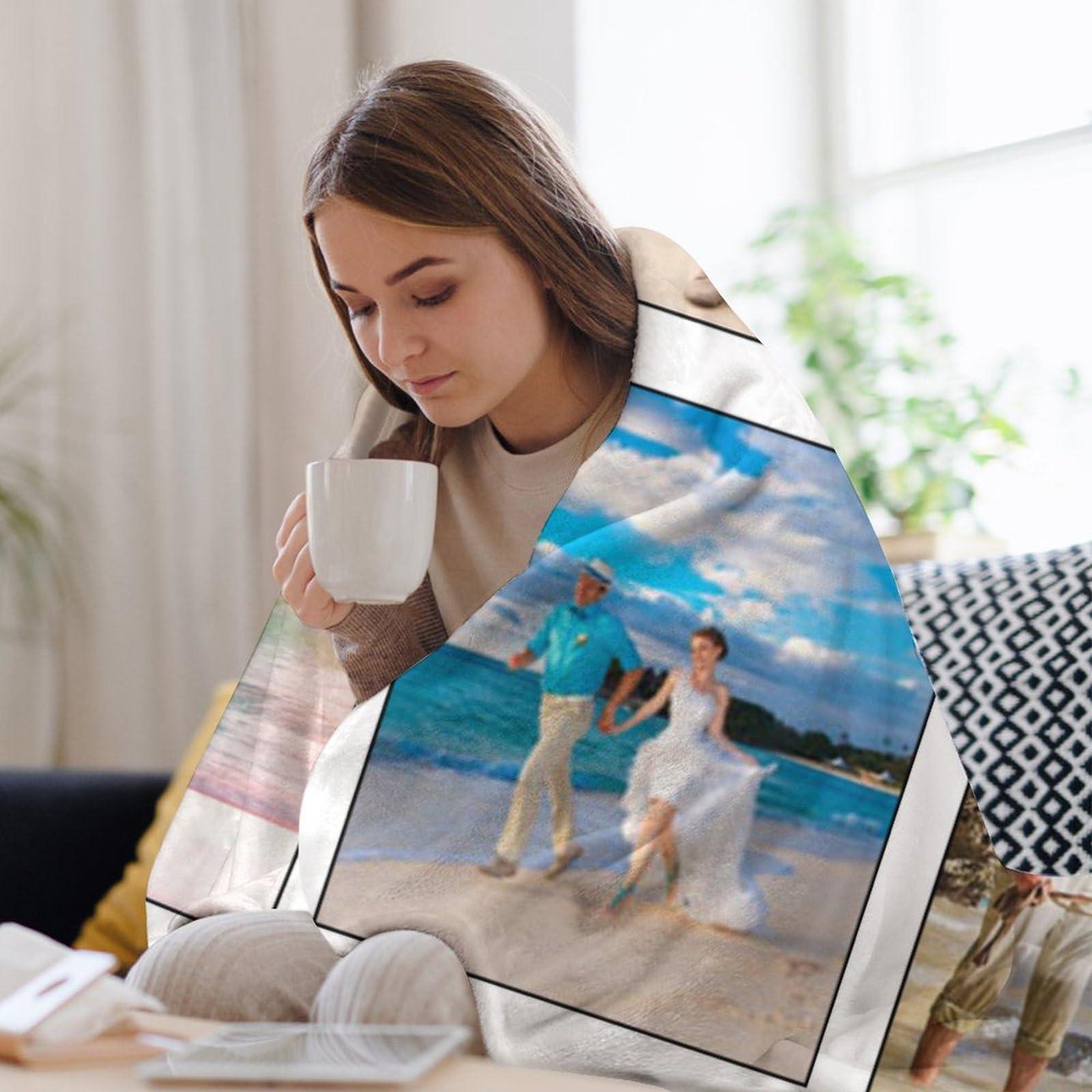 WIORUTI WIORUTI Custom Blanket with Photo Text Personalized Throw Blankets Customized Picture for Mother Father Adult Friends Personalized Gift Flannel Blanket Birthday Christmas, 4 Photos, 31\"x47\"