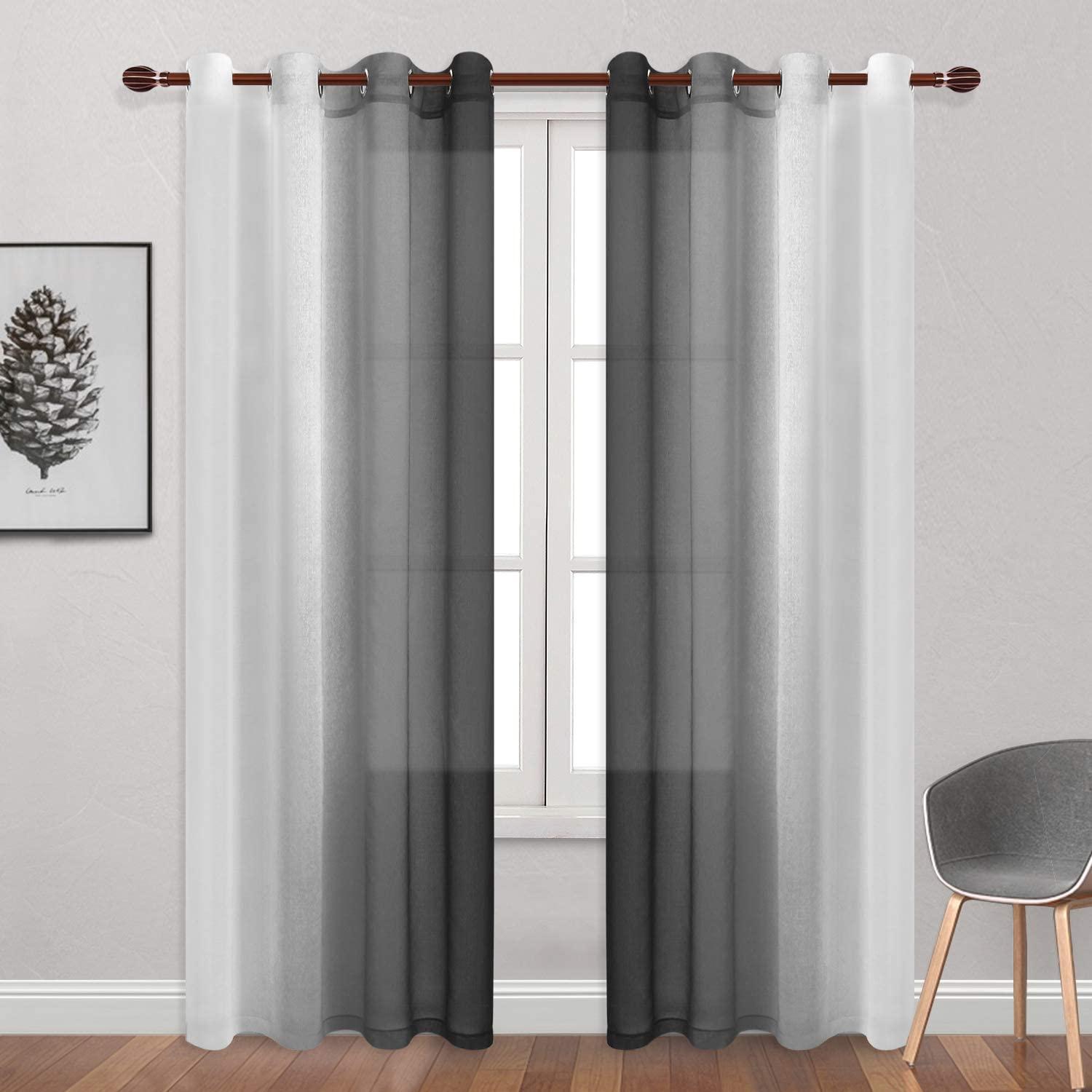 DWCN DWCN Ombre Faux Linen Sheer Curtains - Semi Voile Gradient Grommet Top Curtains for Bedroom and Living Room, 52 x 108 Inches Long, Set of 2 Window Curtain Panels, Black