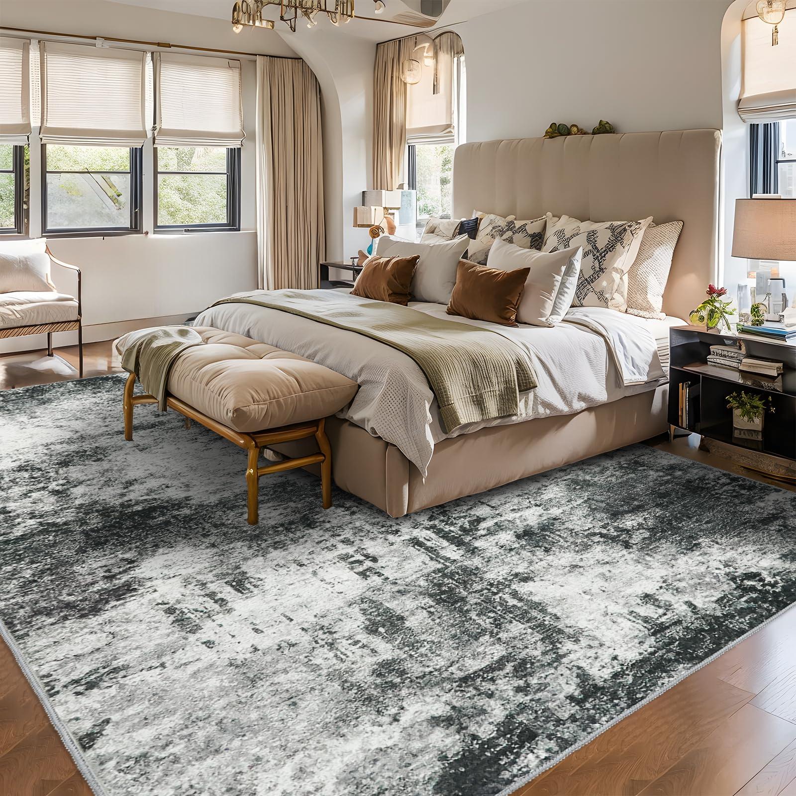 RUUGME RUUGME 9X12 Abstract Area Rug:Large Washable Living Room Rug Indoor Non Slip Low Pile Carpet for Bedroom Soft Foldable Stain Resistant Distressed Thin Rug for Dining Room Kitchen 9X12 Black A