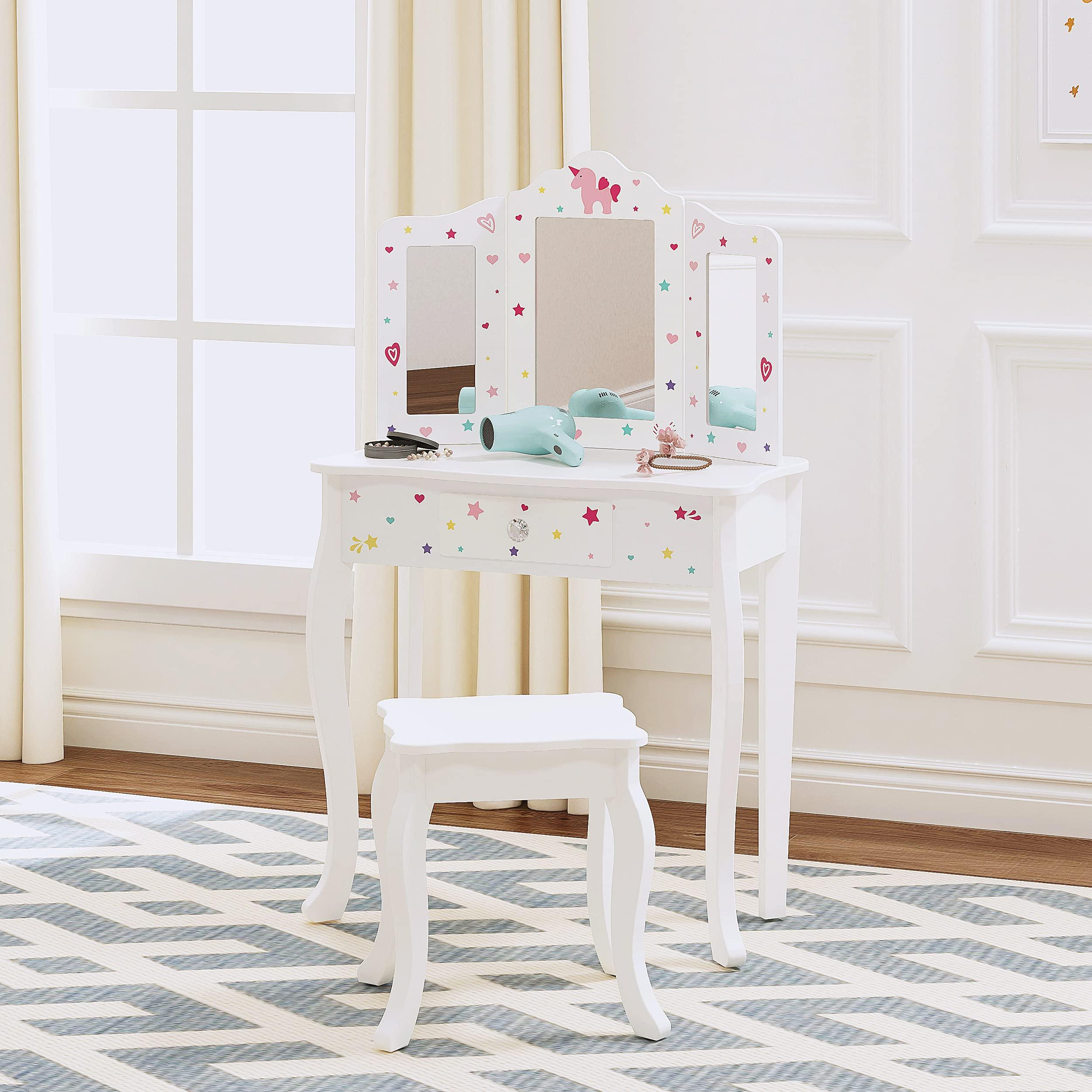 UTEX UTEX Pretend Play Kids Vanity Table and Chair Vanity Set with Mirror Makeup Dressing Table with Drawer, Play Vanity Set,White