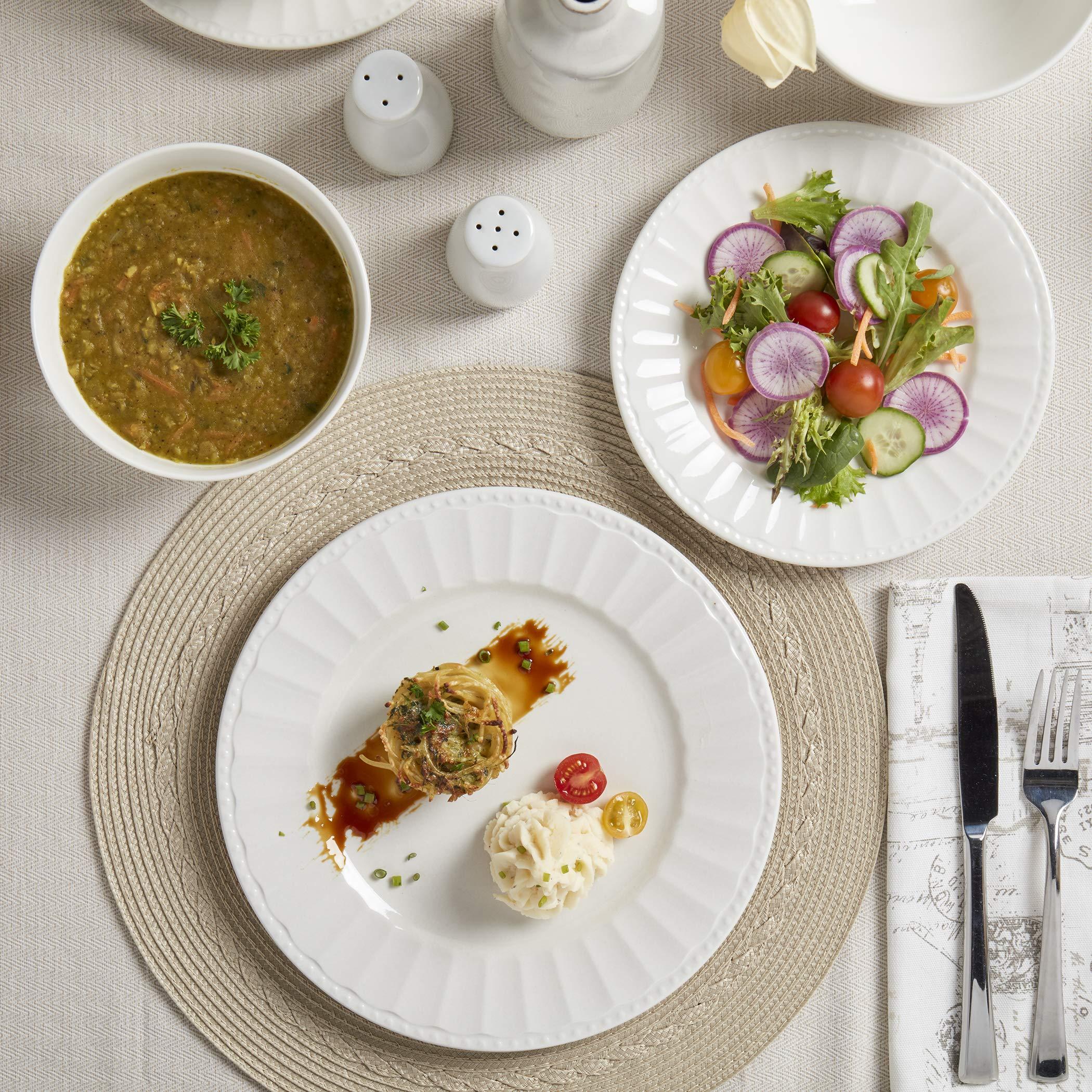 TTU Tabletops Gallery Embossed Bone White Porcelain Round Dinnerware Collection- Chip Resistant Scratch Resistant, Mosaico 12 Piece Dinnerware Set (Dinner Plate, Salad Plate, Cereal Bowl)