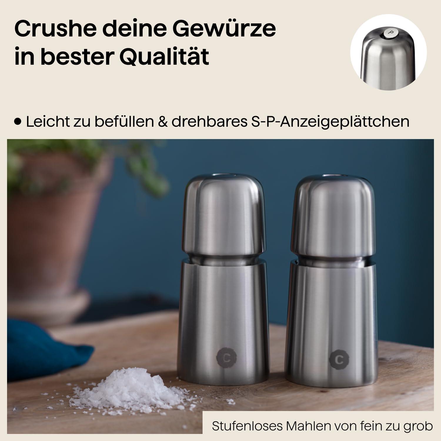CrushGrind - the original ceramic mechanism CrushGrind Stockholm Salt- or Pepper Grinder with patented ceramic grinder (110mm, Stainless Steel, 1 Pack)