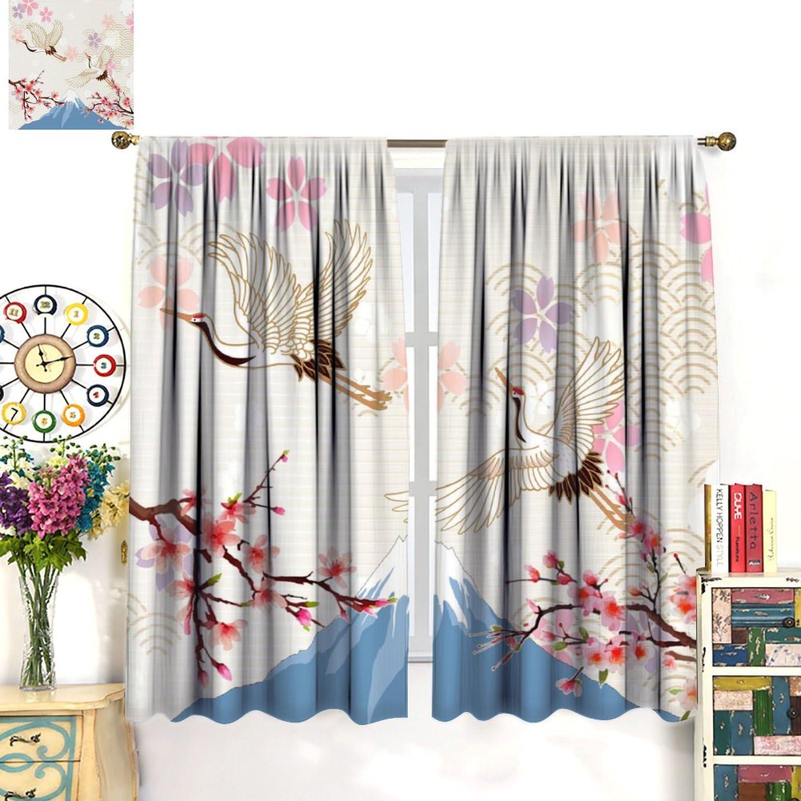 QYUNZS QYUNZS Asian Curtains Japanese Crane Cherry Flowers Art Printed Rod Pocket Blackout Window Drapes for Bedroom Living Room Kitchen Decor Fabric 2 Panel W42xL84in