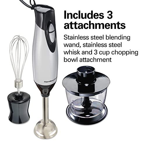 Hamilton Beach Hamilton Beach 4-in-1 Electric Immersion Hand Blender with Handheld Blending Stick, Whisk + 3-Cup Food & Vegetable Chopper Bowl, 2-Speeds, 225 Watts, Silver and Stainless Steel (59765)