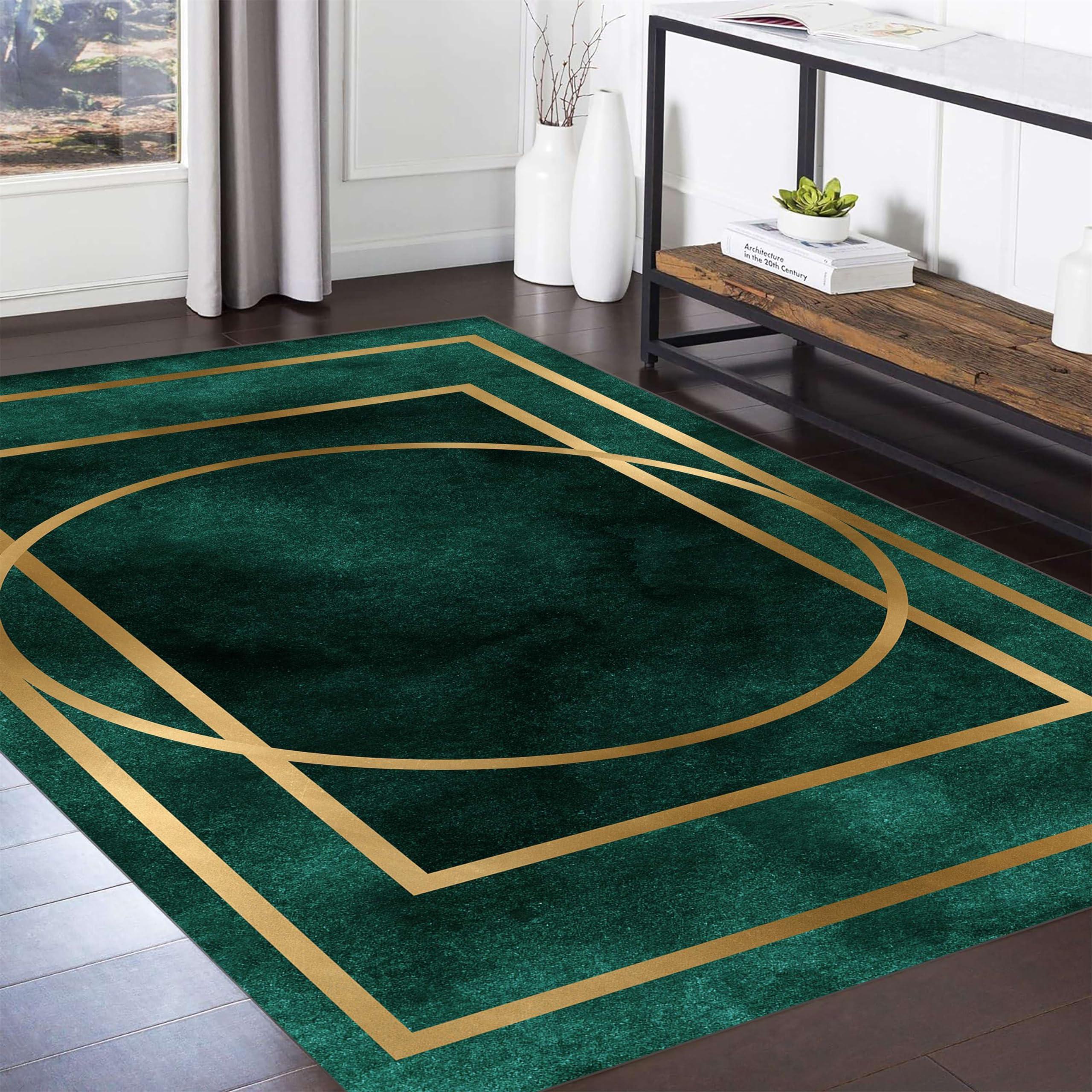 rugylsf rugylsf Emerald Green Marble Textured Area Rug - Non-Slip Washable Rug with Gold Border - Perfect for Bedroom, Dining Room, Office, and Kitchen Decor 3x5ft