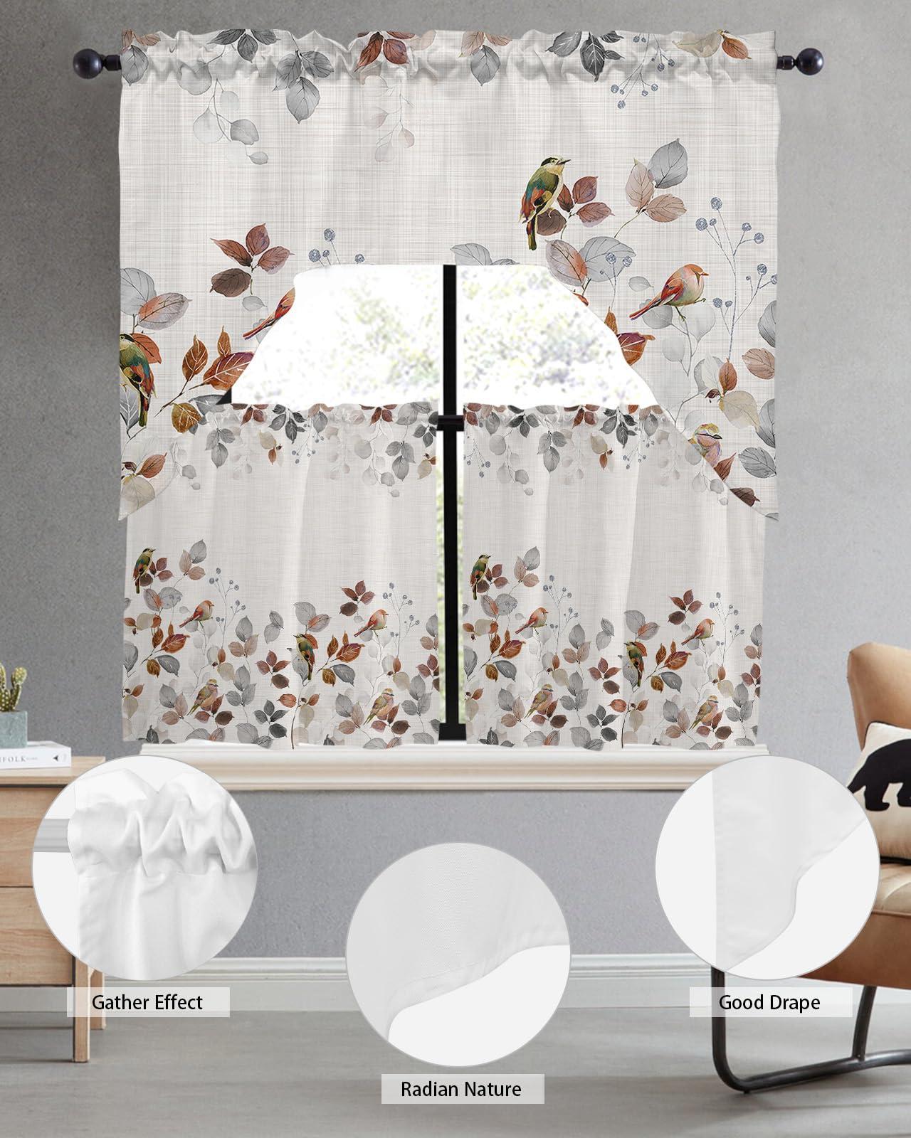 Onekaccu Country Bird Leaf Swag Curtains Valance Tier Set, Rod Pocket Curtain Drapes for Bedroom Bathroom Over Sink Kitchen Curtains 3 Piece Set Fall Botanical Rustic Orange Grey Swag Valances 24 inches Tiers