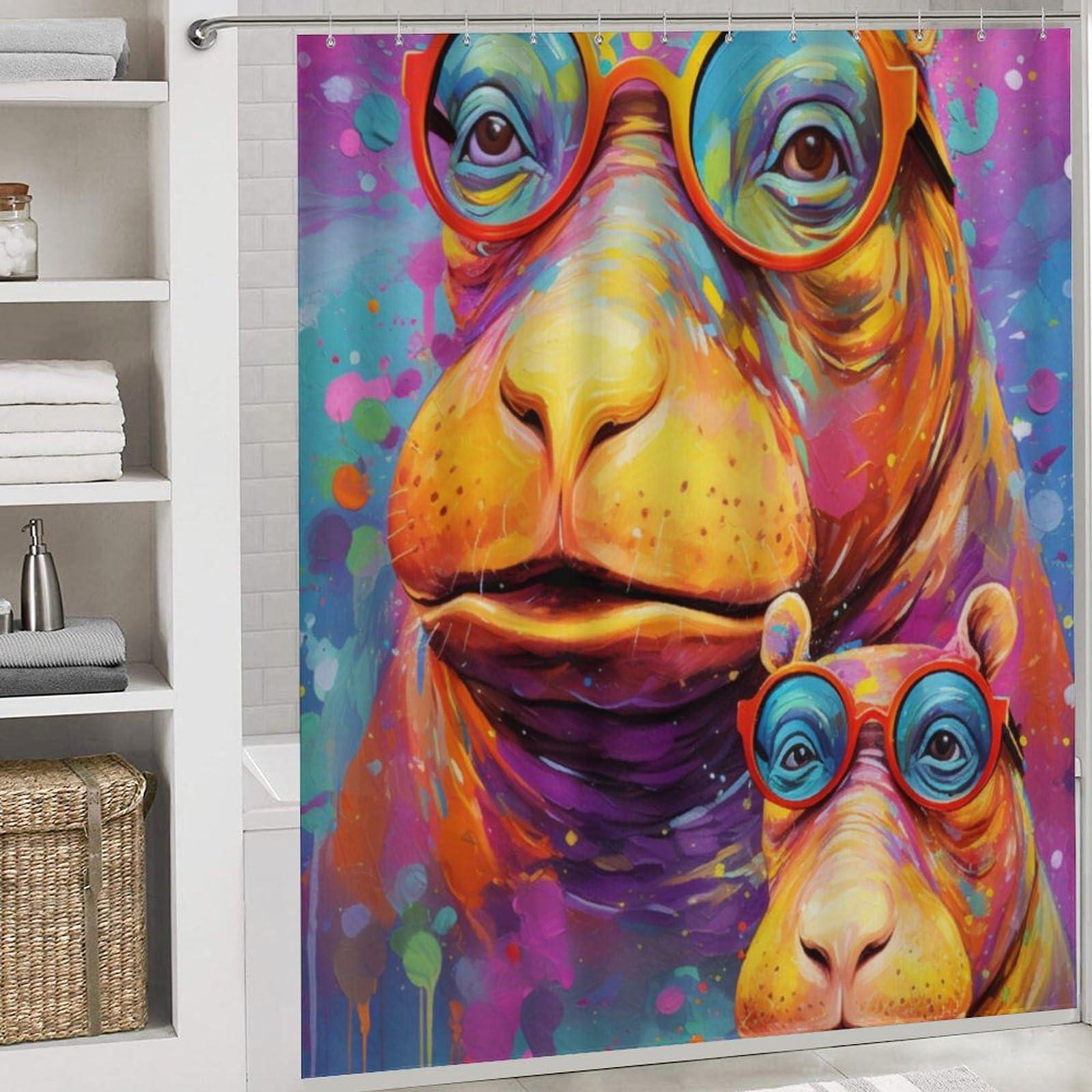 Dunmat Dunmat 4 Pieces Colorful Hippo Shower Curtain Set Graffiti Style Glasses Animal Bathroom Decor Sets with Rugs Bathroom Accessories Set Bathroom Curtain Shower Set with 12 Hooks