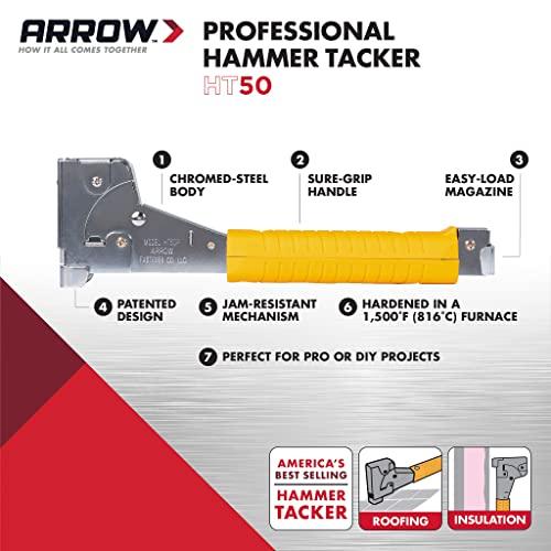 Arrow Fastener Arrow HT50 Heavy Duty Hammer Tacker, Chromed-Steel Manual Stapler with Sure-Grip Handle, Dual-Capacity Rear-Load Magazine, Fits 5/16”, 3/8", or 1/2" Staples