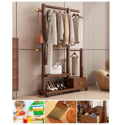 Diodceraic Clothes Organizer Stand On Wheels,entryway Coat Rack With Storage,Garment Racks For Hanging Clothes,bamboo Rolling Garment Rack,Multifunction Entry-way Coat Racks Stand For Bedroom Entryway(Color:Brow