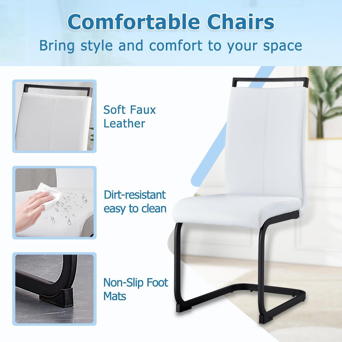 Rejeke Rejeke 71" Dining Table Set for 6, Modern White Rectangle Dining Room Table with PU Leather Chairs, Faux Marble Top