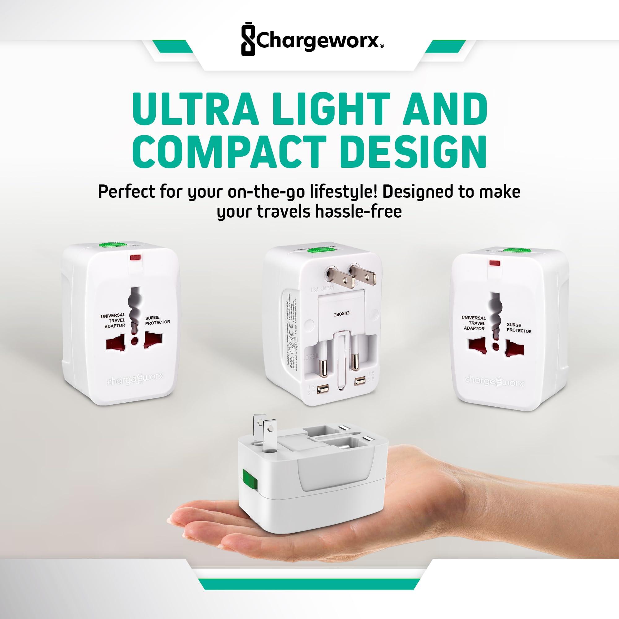 CHARGEWORX ChargeWorx International Power Adapter Plug, US, EU & UK Plugs Built-in, European Travel Plug Adapter, Surge Protector, LED Power Light, Portable Universal Travel Adapter Works in Over 150 Countries