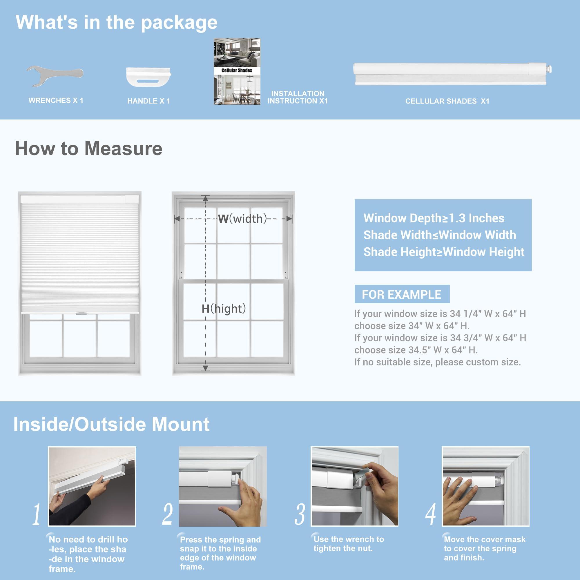 Boolegon Boolegon No Drill Blinds for Windows Blackout Cellular Shades Cordless No Tools Honeycomb Pull Down Blinds Easy Install No Screws Cellular Blinds for Door, Home, Black, 29" W x 78" H