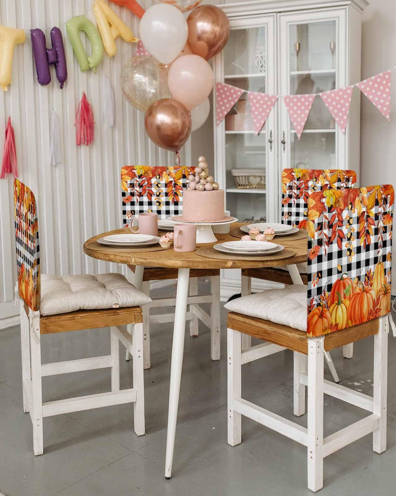 LOVE HOME DAY Fall Thanksgiving Chair Back Covers Set of 8,Orange Pumpkin Maple Leaf Harvest Farm Chair Slipcovers,Black and White Removable Dining Chair Protector for Kitchen Hotel Restaurant Banquet Decor