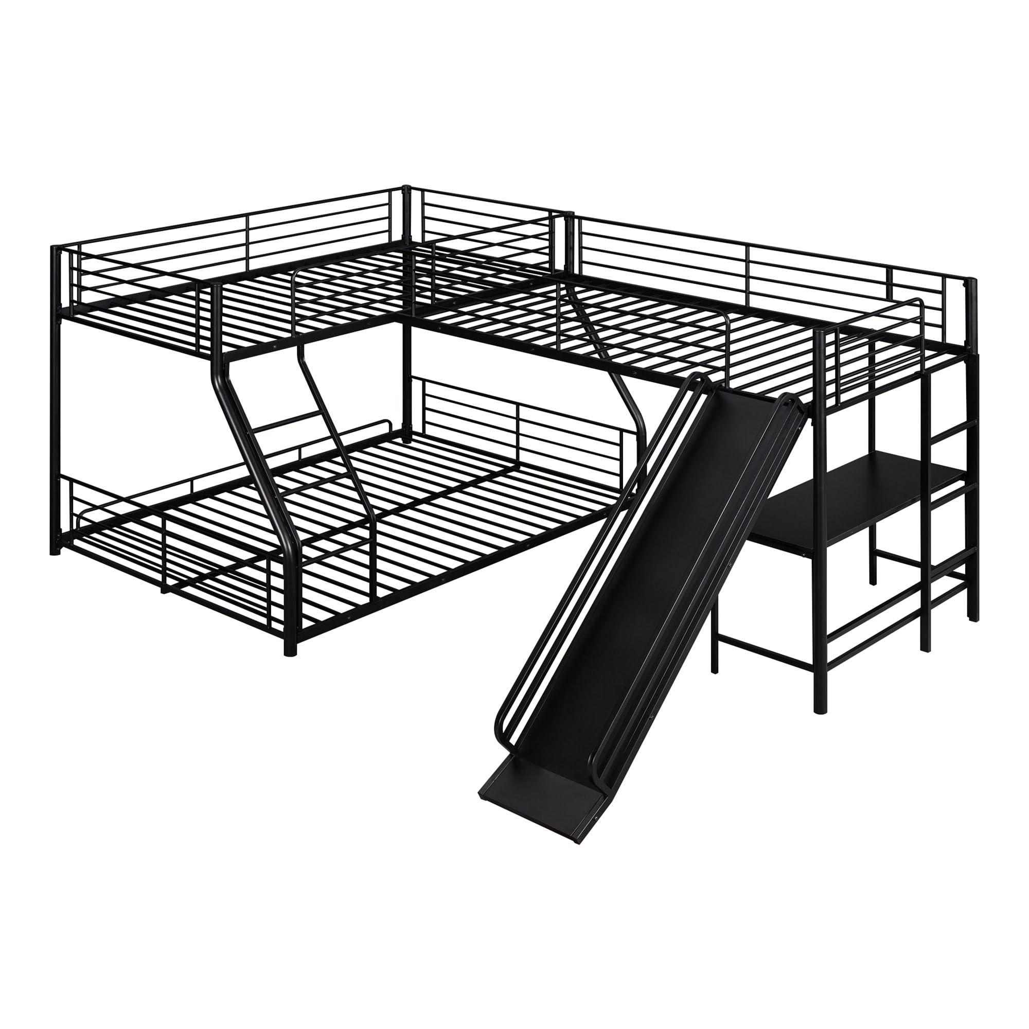 MhaRt L-Shaped Twin Over Full Bunk Bed with Twin Size Loft Bed, Built-in Desk, and Slide, Black,Modern Style
