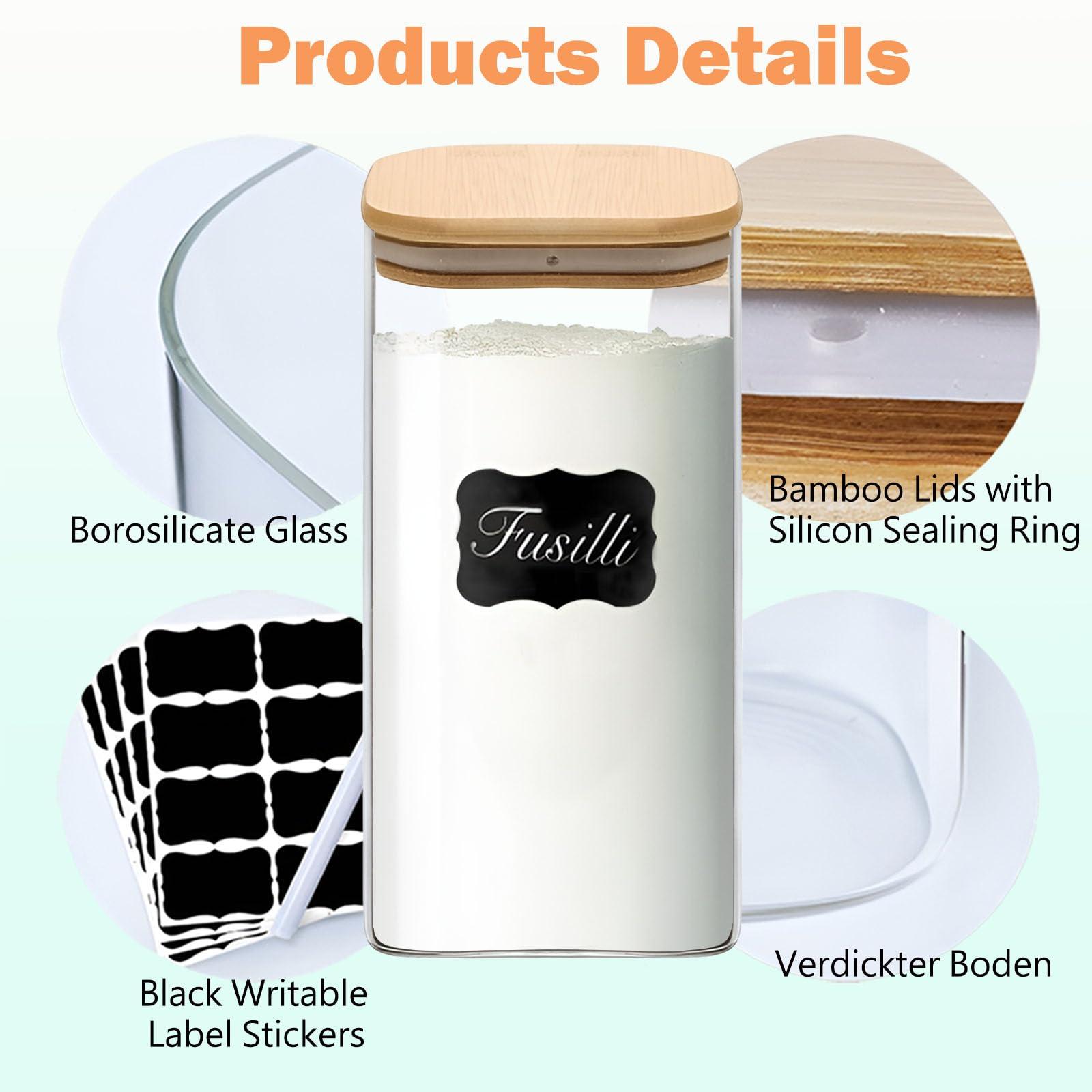 VIEWELLD VIEWELLD Food Storage Containers with Airtight Bamboo Lids Set of 5, Glass Canisters with Airtight Lids, Glass Food Storage Containers for Pasta, Oats, Coffee, Flour, Sugar, Best for Kitchen, Square